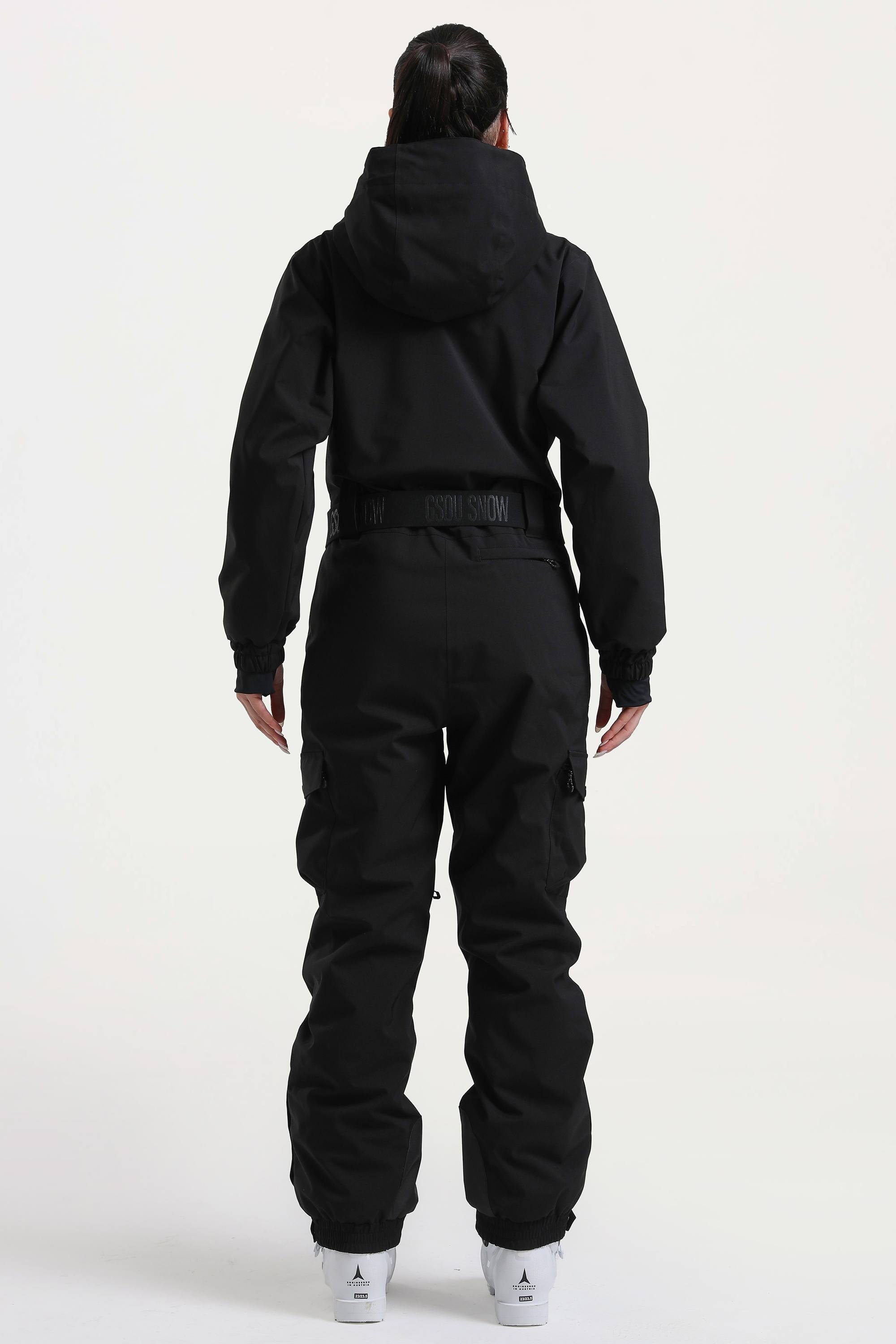Women's Black Insulated Waterproof Asymmetric Design Belted One-Piece Ski Suit