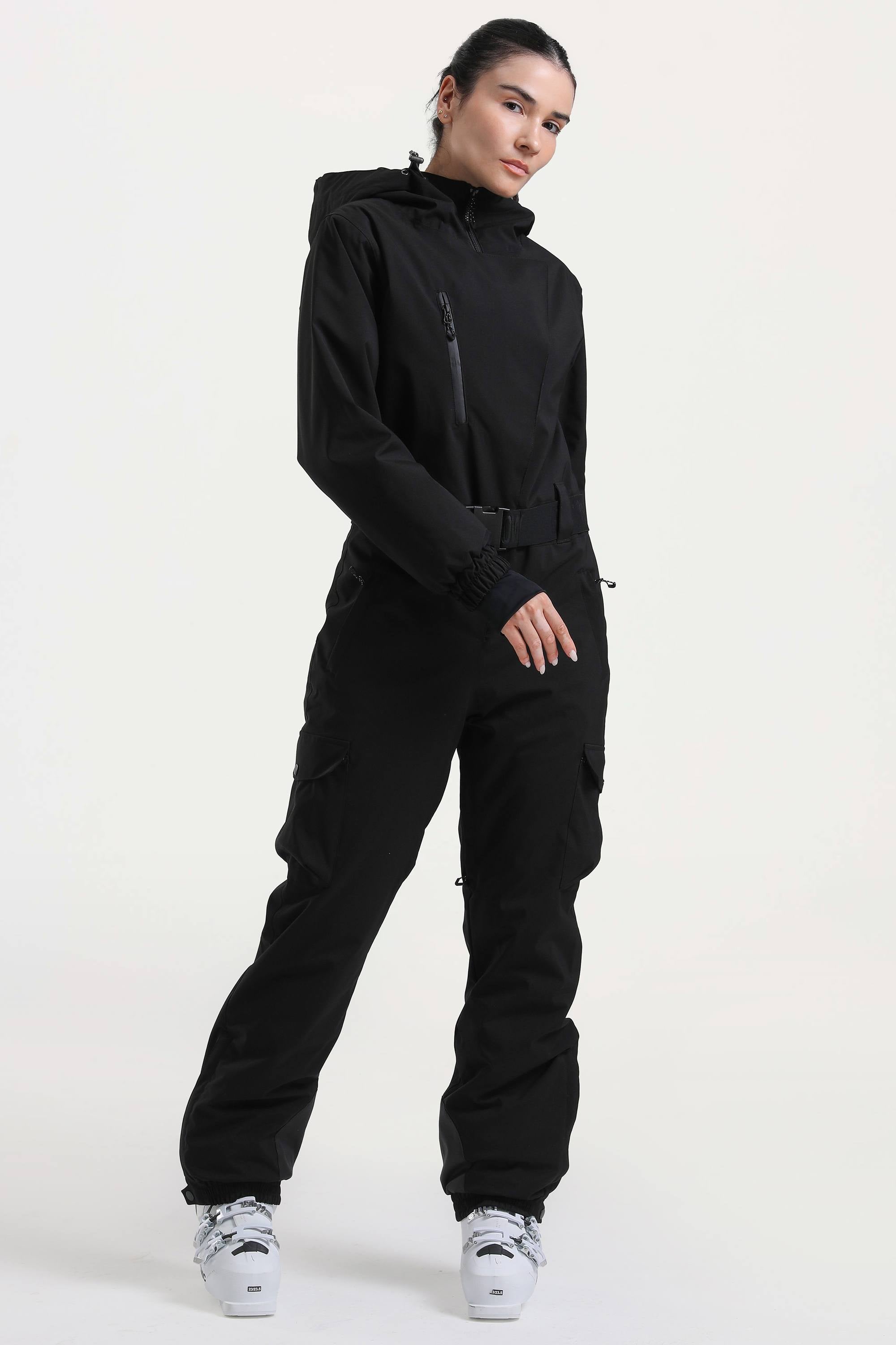 Women's Black Insulated Waterproof Asymmetric Design Belted One-Piece Ski Suit