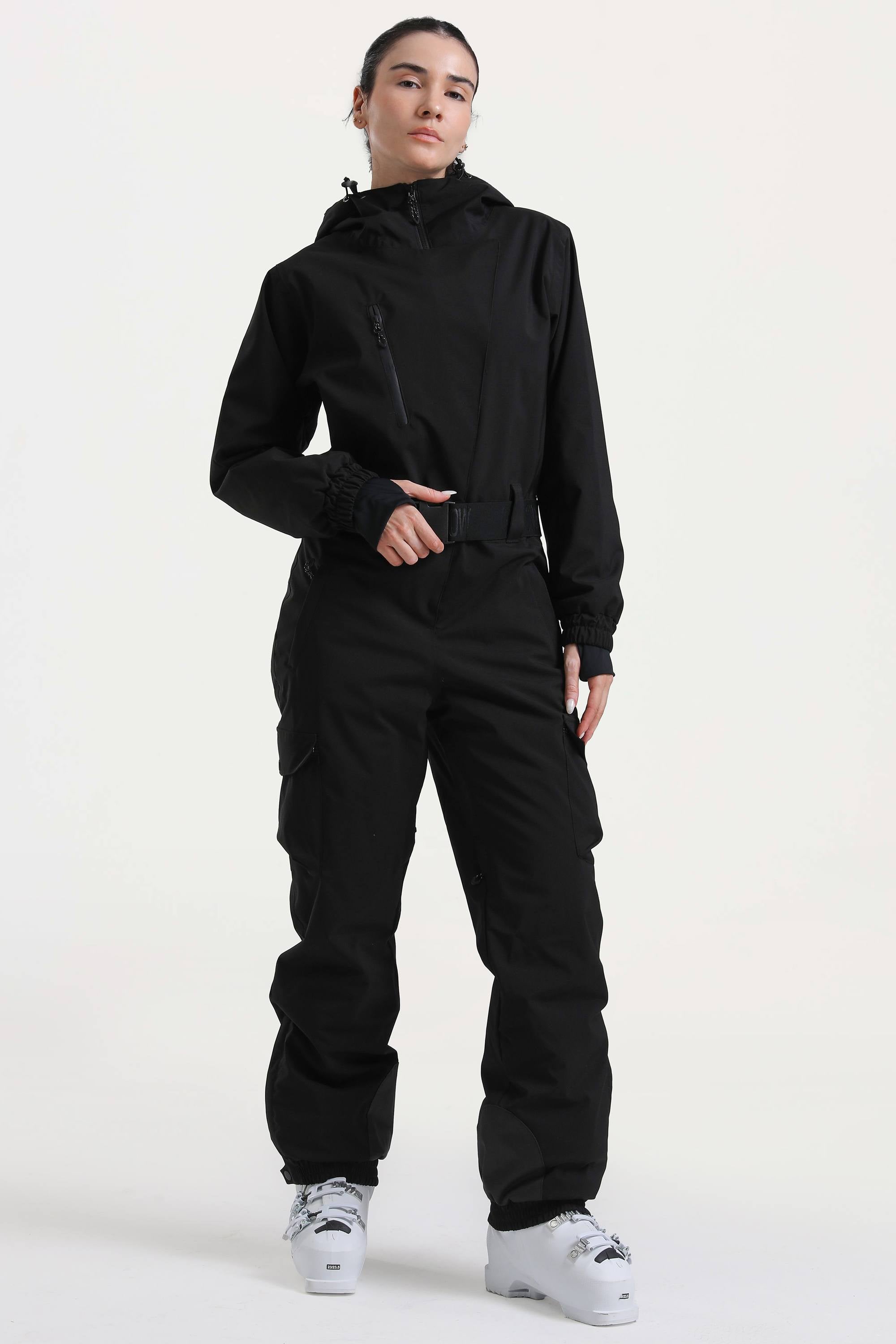 Women's Black Insulated Waterproof Asymmetric Design Belted One-Piece Ski Suit