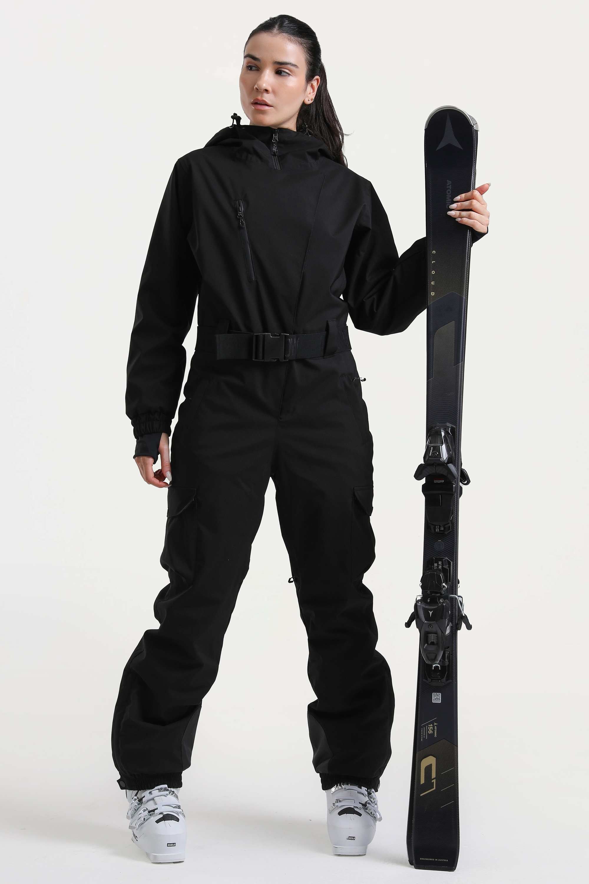 Women's Black Insulated Waterproof Asymmetric Design Belted One-Piece Ski Suit