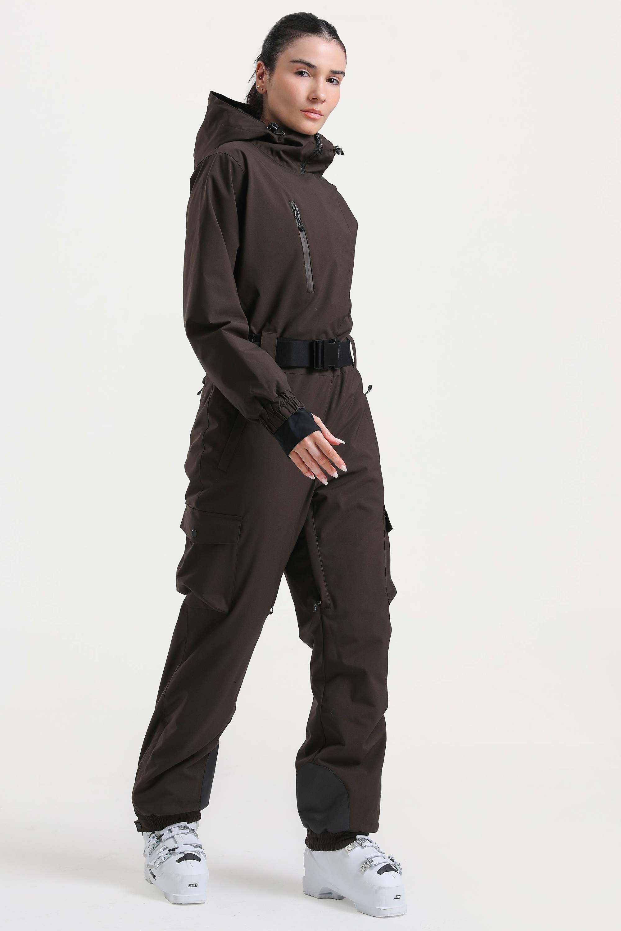 Women's Black Insulated Waterproof Asymmetric Design Belted One-Piece Ski Suit
