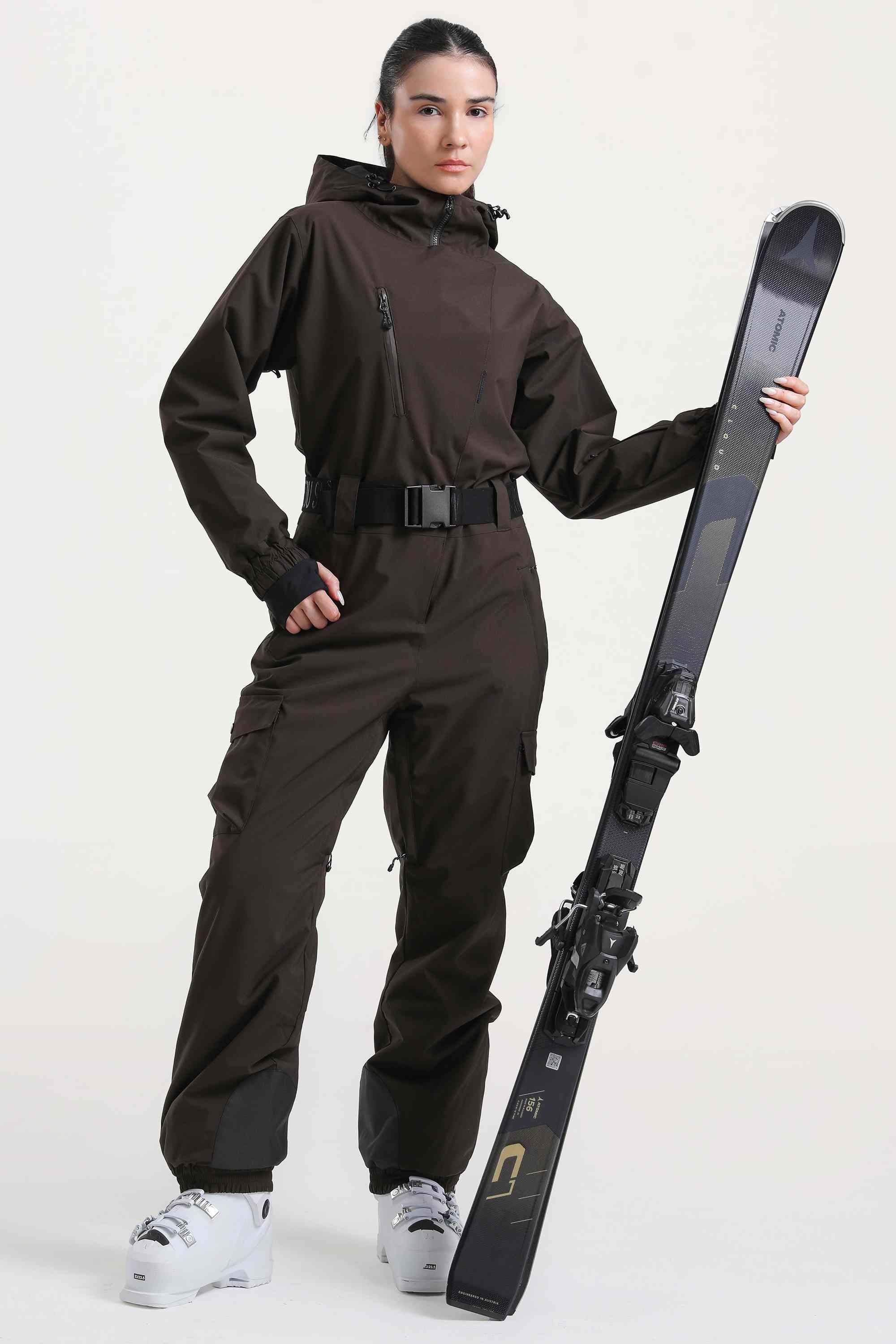 Women's Black Insulated Waterproof Asymmetric Design Belted One-Piece Ski Suit