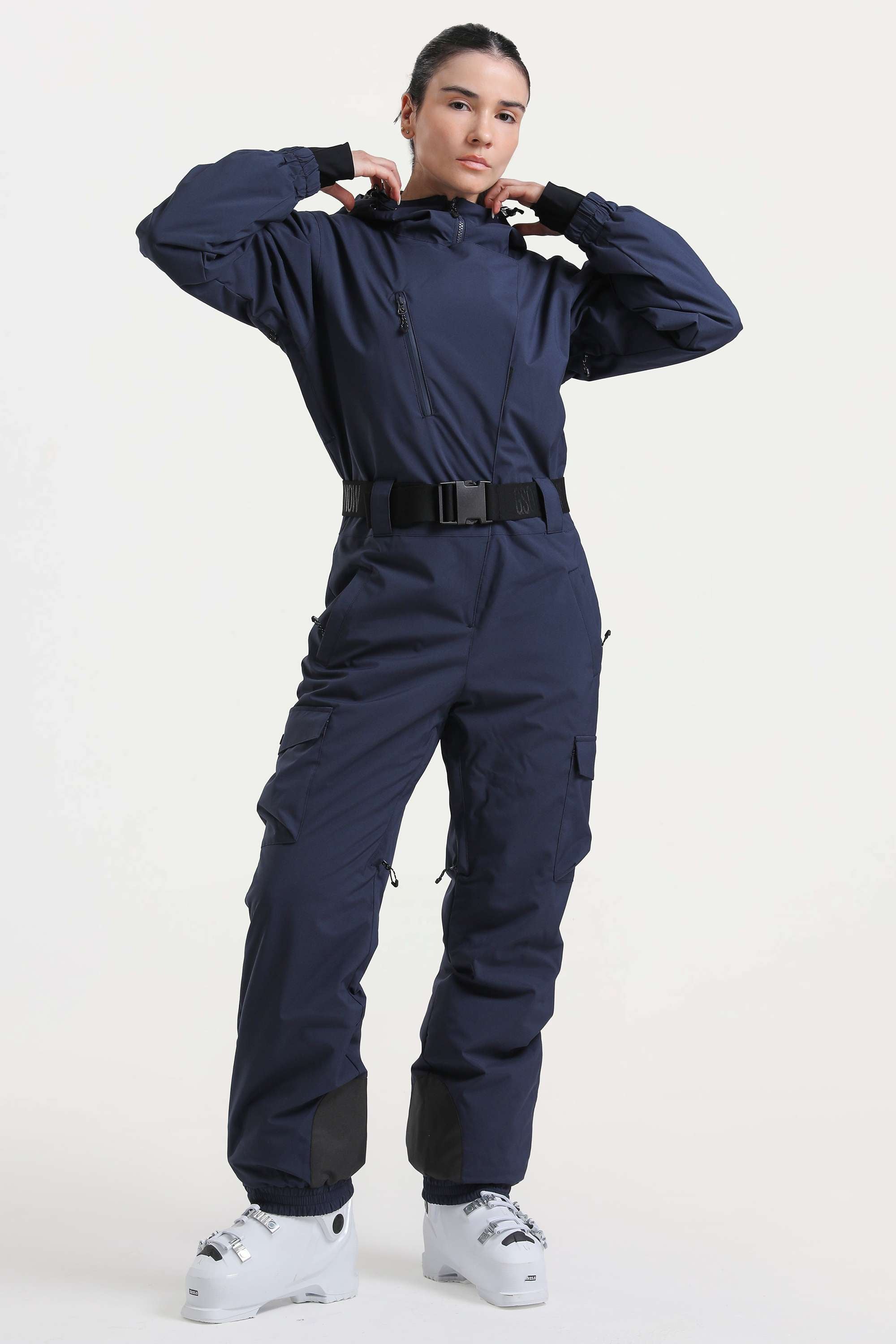 Women's Black Insulated Waterproof Asymmetric Design Belted One-Piece Ski Suit