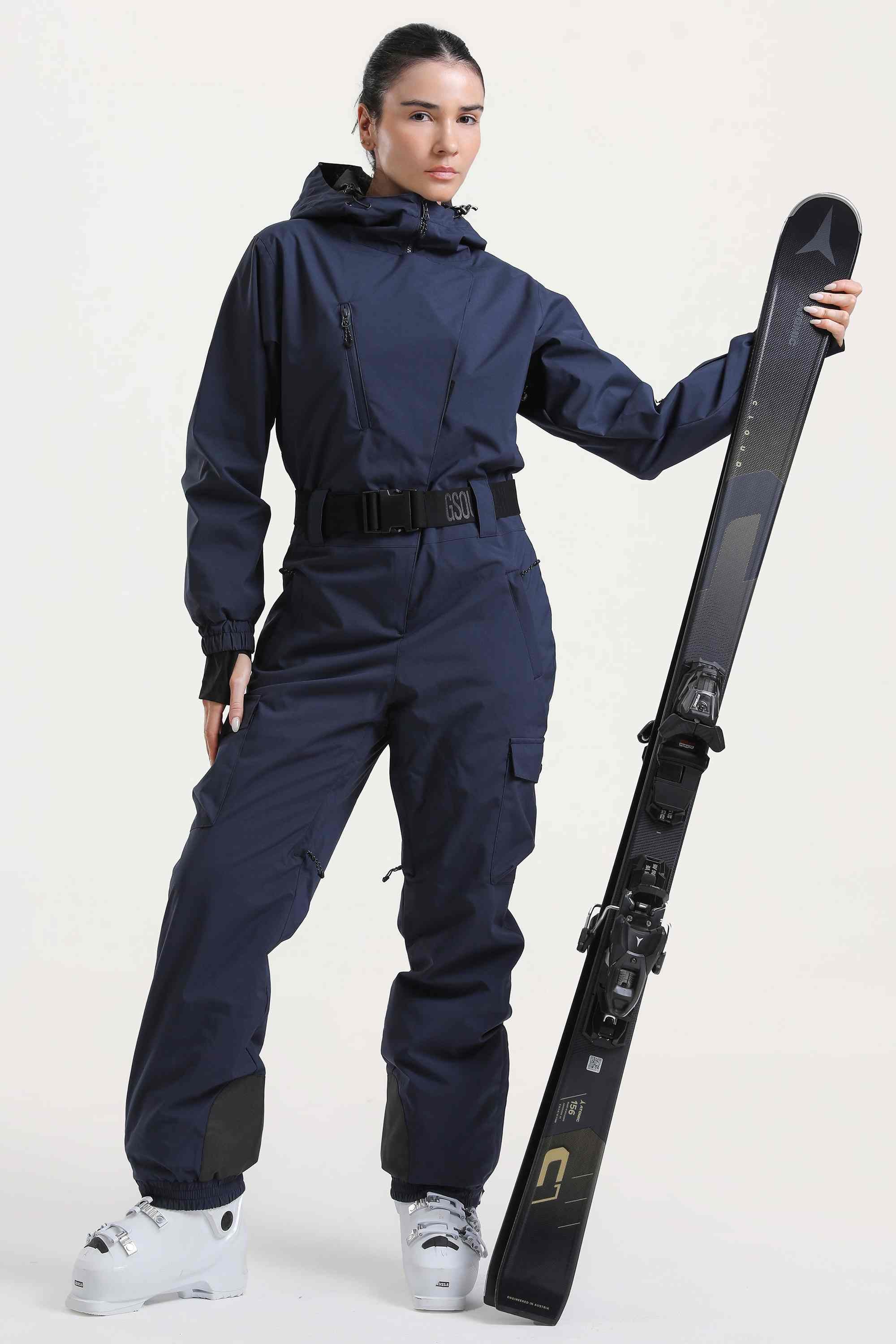 Women's Black Insulated Waterproof Asymmetric Design Belted One-Piece Ski Suit