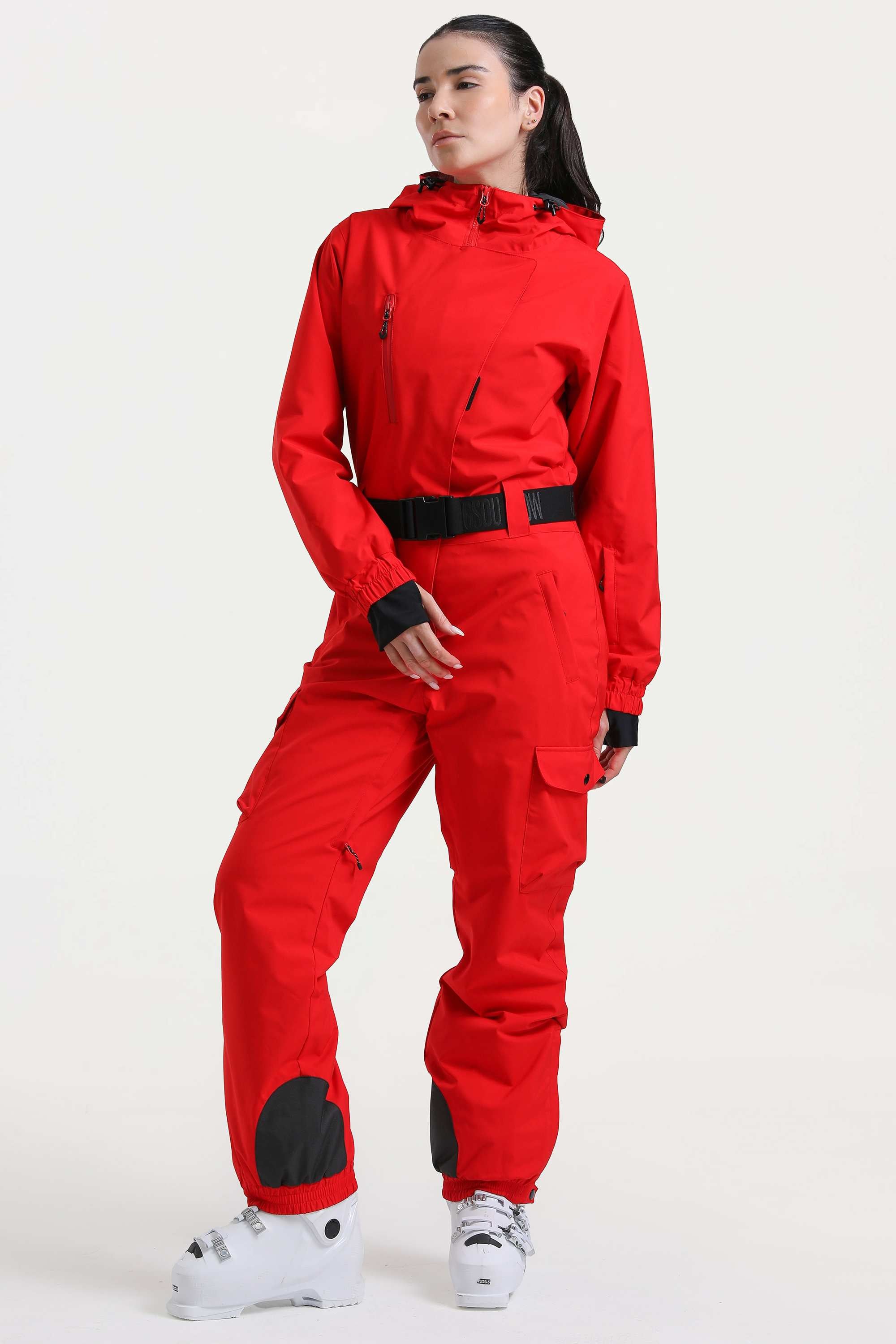 Women's Black Insulated Waterproof Asymmetric Design Belted One-Piece Ski Suit