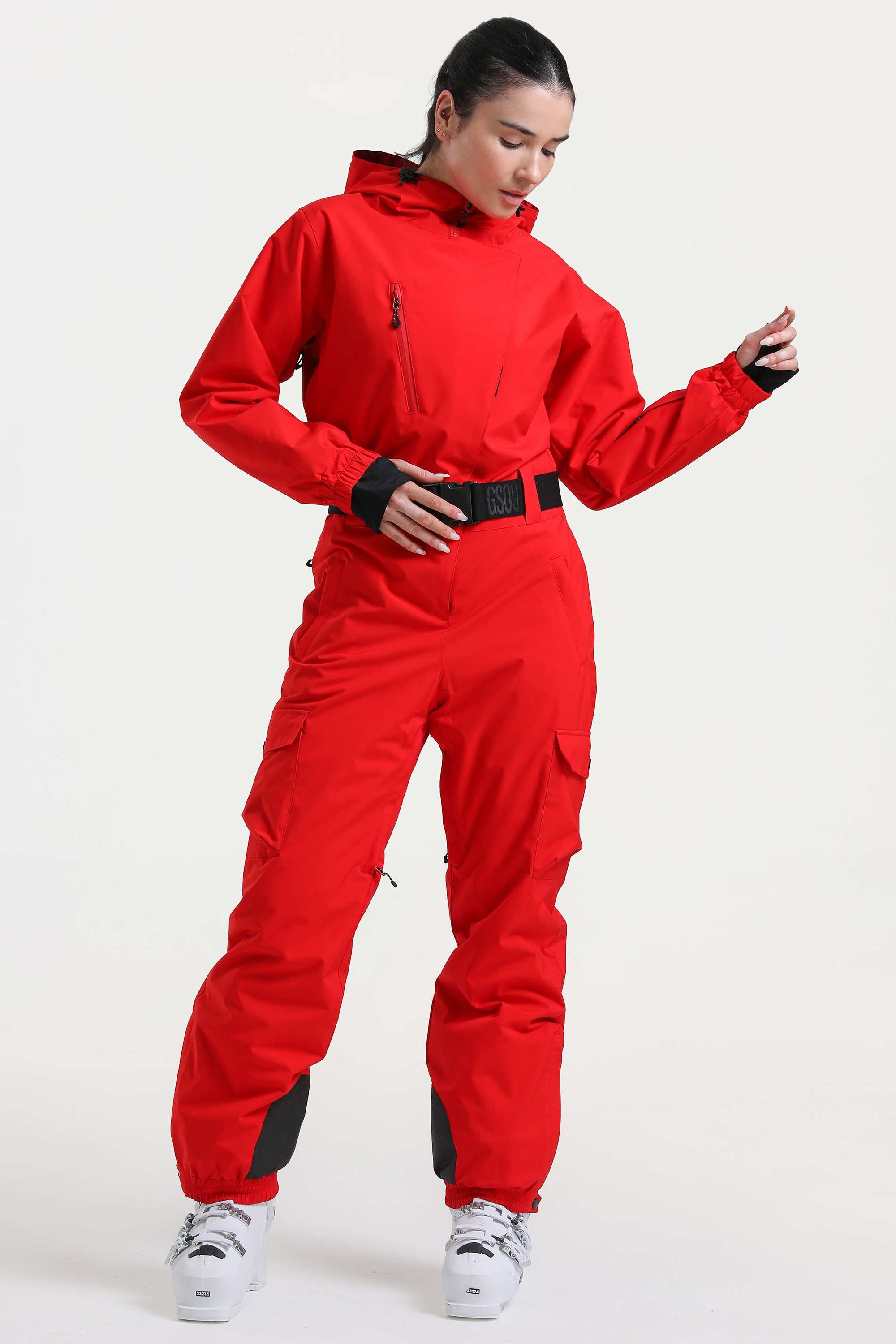 Women's Black Insulated Waterproof Asymmetric Design Belted One-Piece Ski Suit