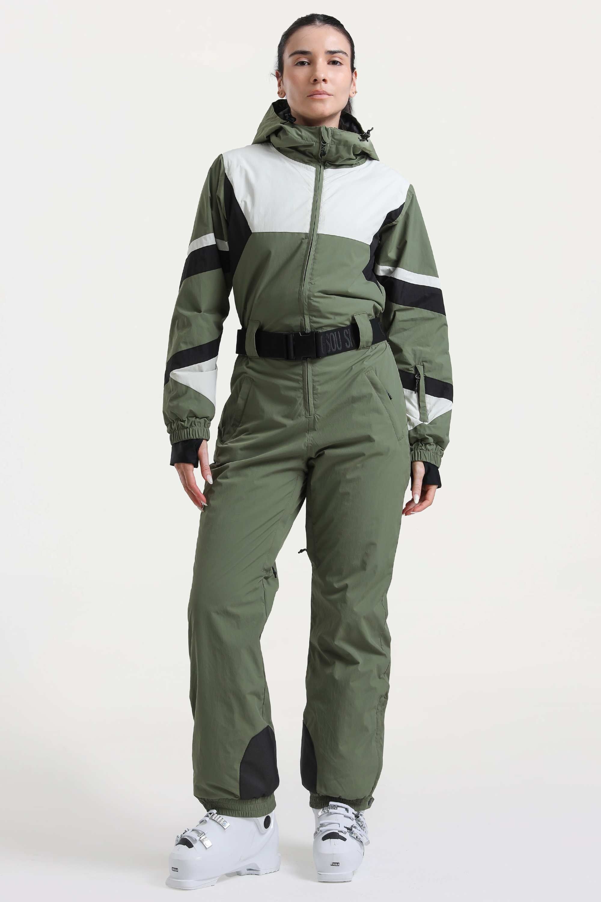 Women's Blue Insulated Color-Block Utility One-Piece Ski Suit with Durable Fabric & Multiple Pockets