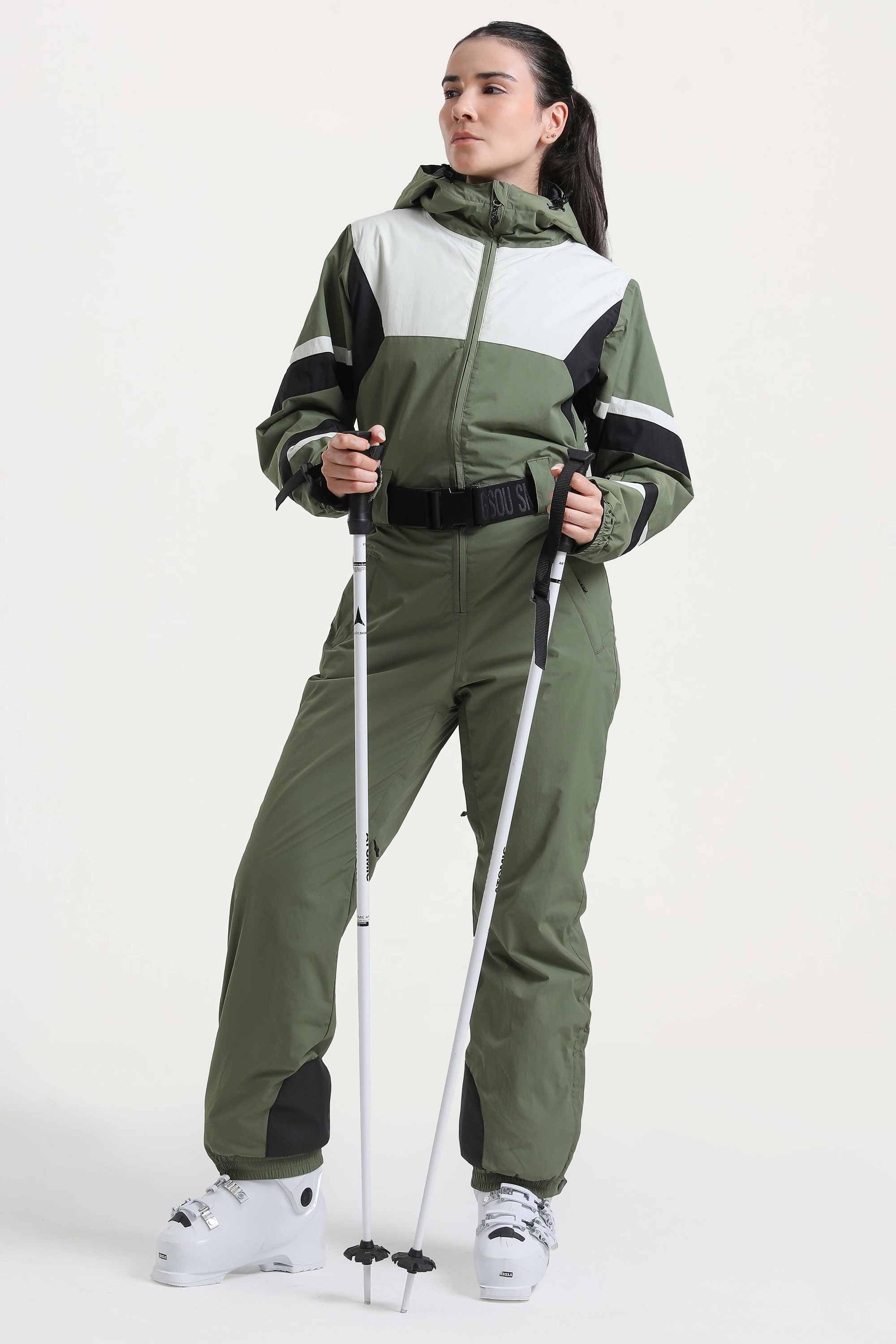 Women's Blue Insulated Color-Block Utility One-Piece Ski Suit with Durable Fabric & Multiple Pockets