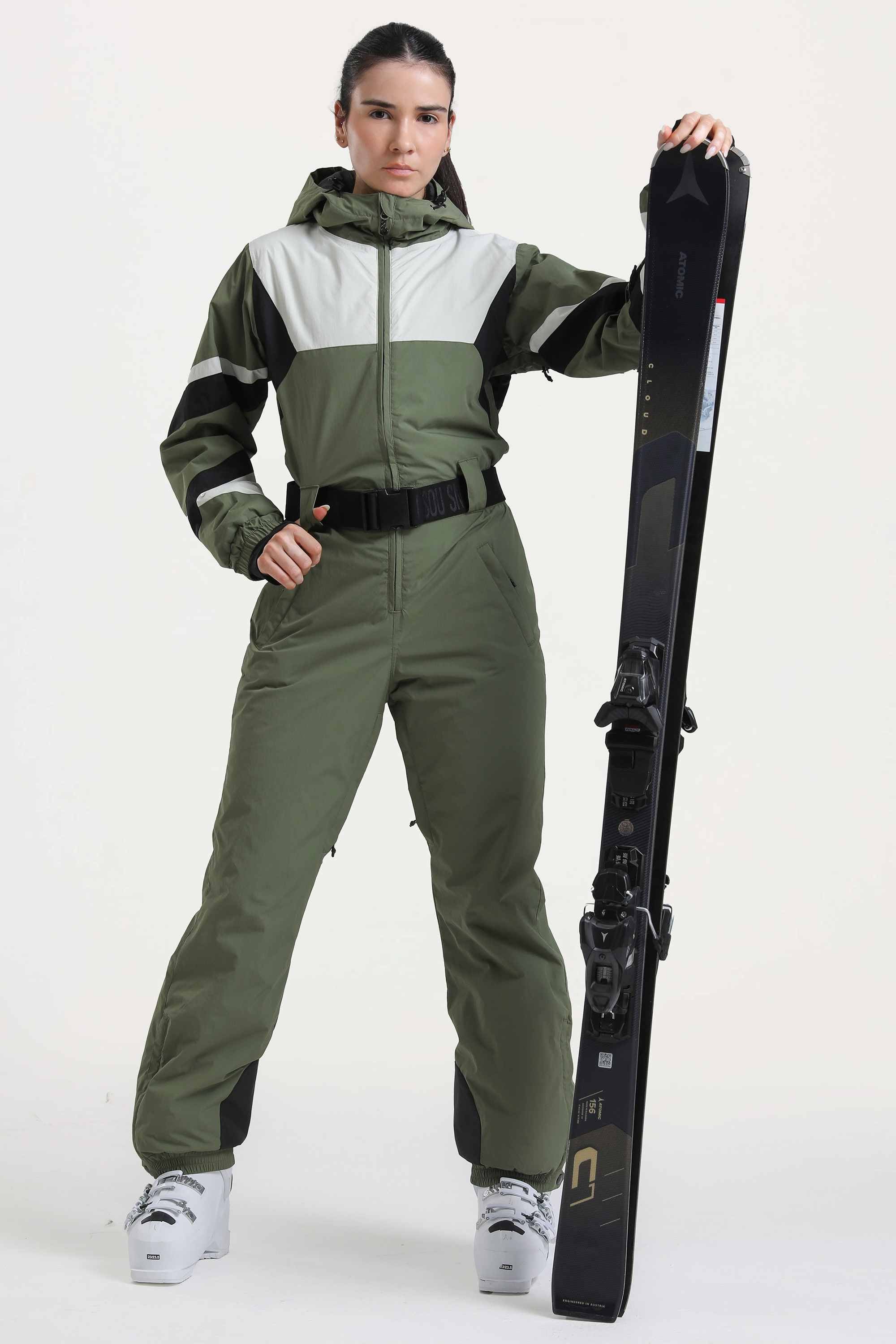 Women's Navy Insulated Color-Block Utility One-Piece Ski Suit with Durable Fabric & Multiple Pockets