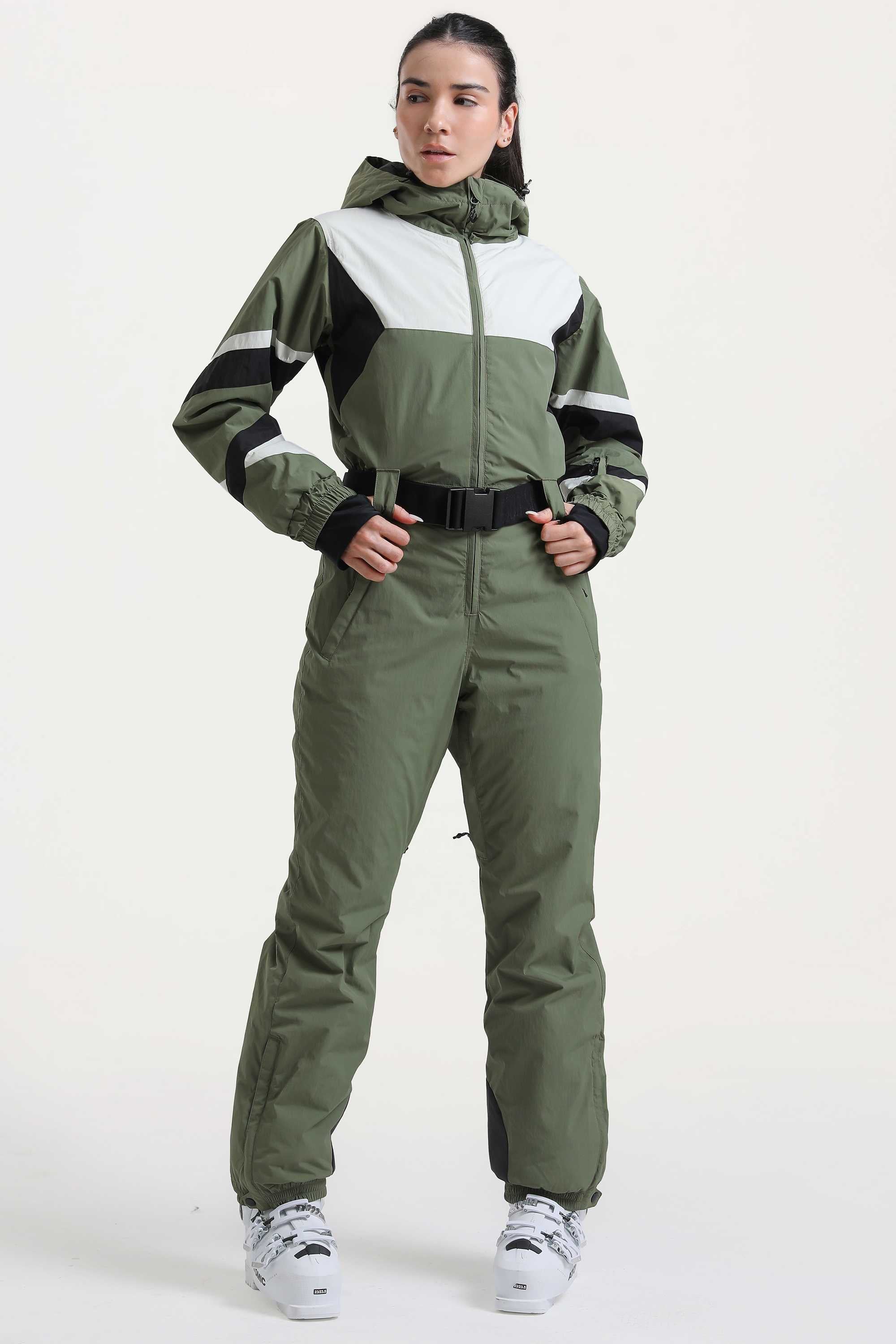 Women's Red Insulated Color-Block Utility One-Piece Ski Suit with Durable Fabric & Multiple Pockets