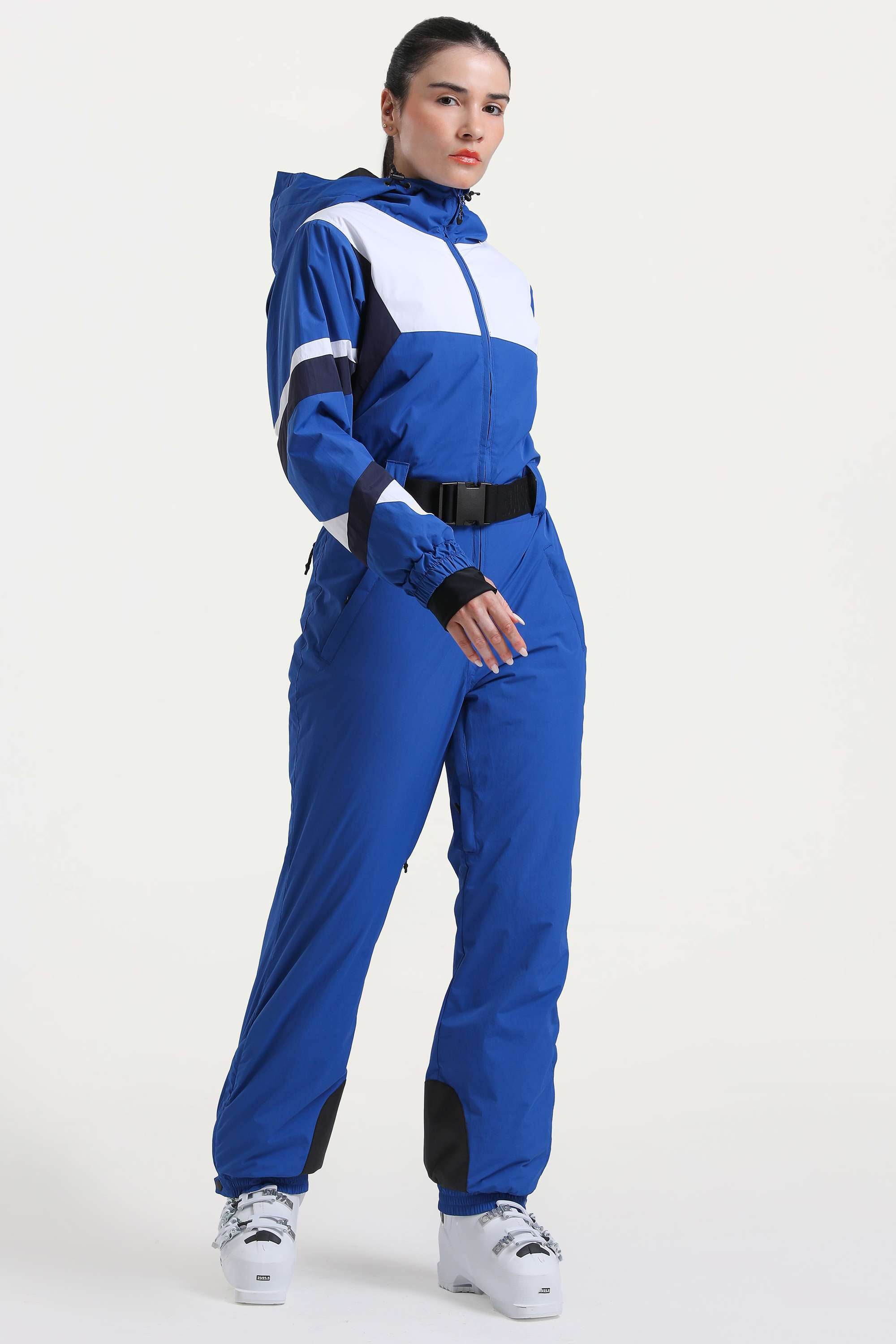 Women's Blue Insulated Color-Block Utility One-Piece Ski Suit with Durable Fabric & Multiple Pockets