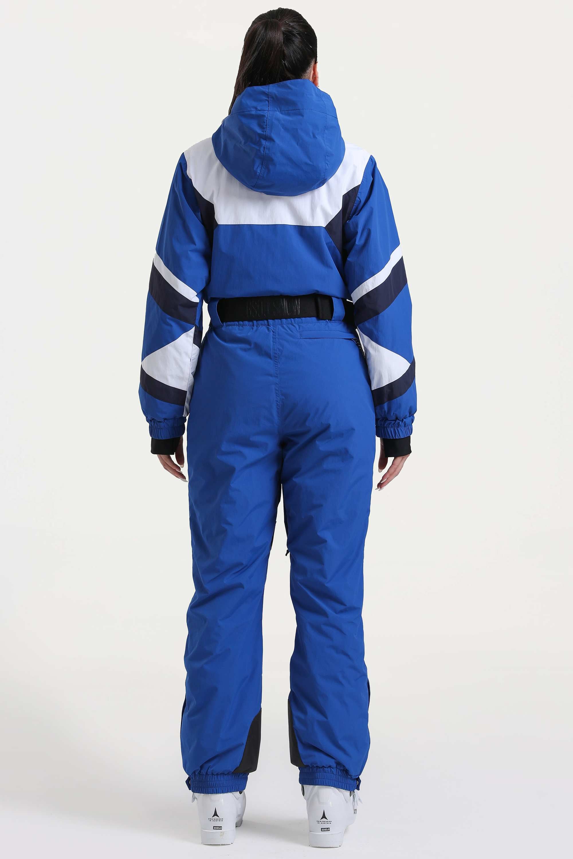 Women's Blue Insulated Color-Block Utility One-Piece Ski Suit with Durable Fabric & Multiple Pockets