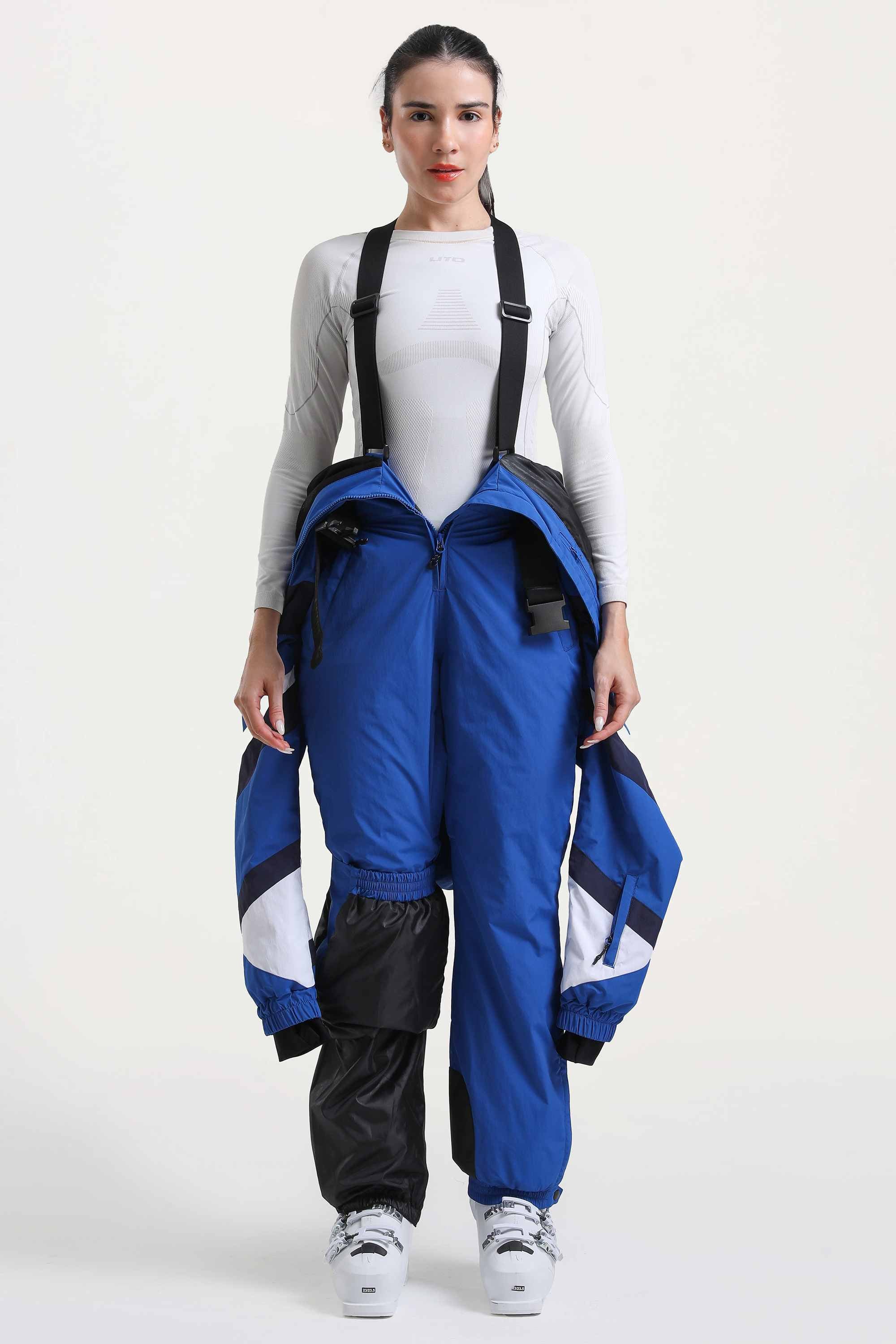 Women's Blue Insulated Color-Block Utility One-Piece Ski Suit with Durable Fabric & Multiple Pockets