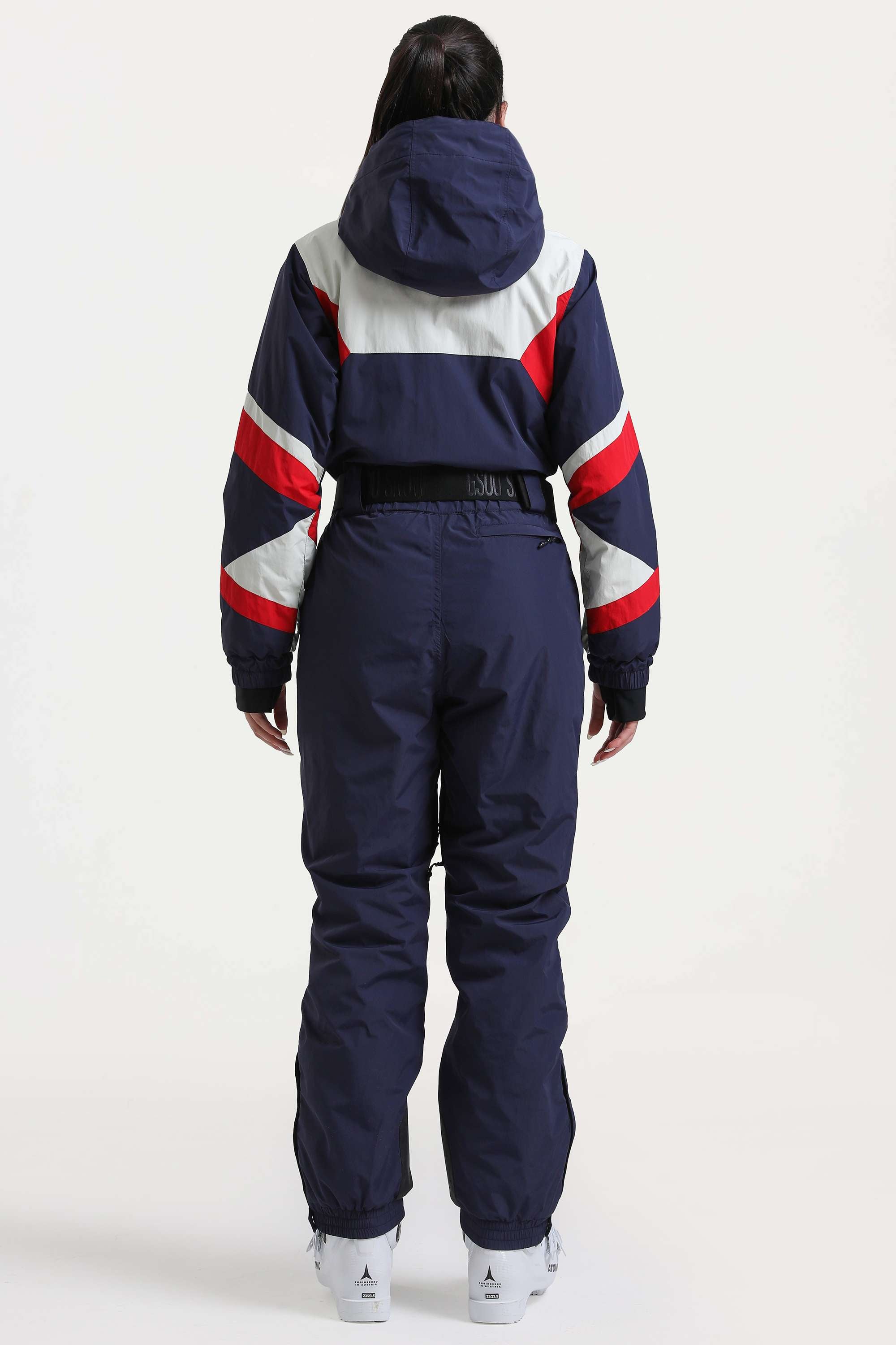Women's Navy Insulated Color-Block Utility One-Piece Ski Suit with Durable Fabric & Multiple Pockets