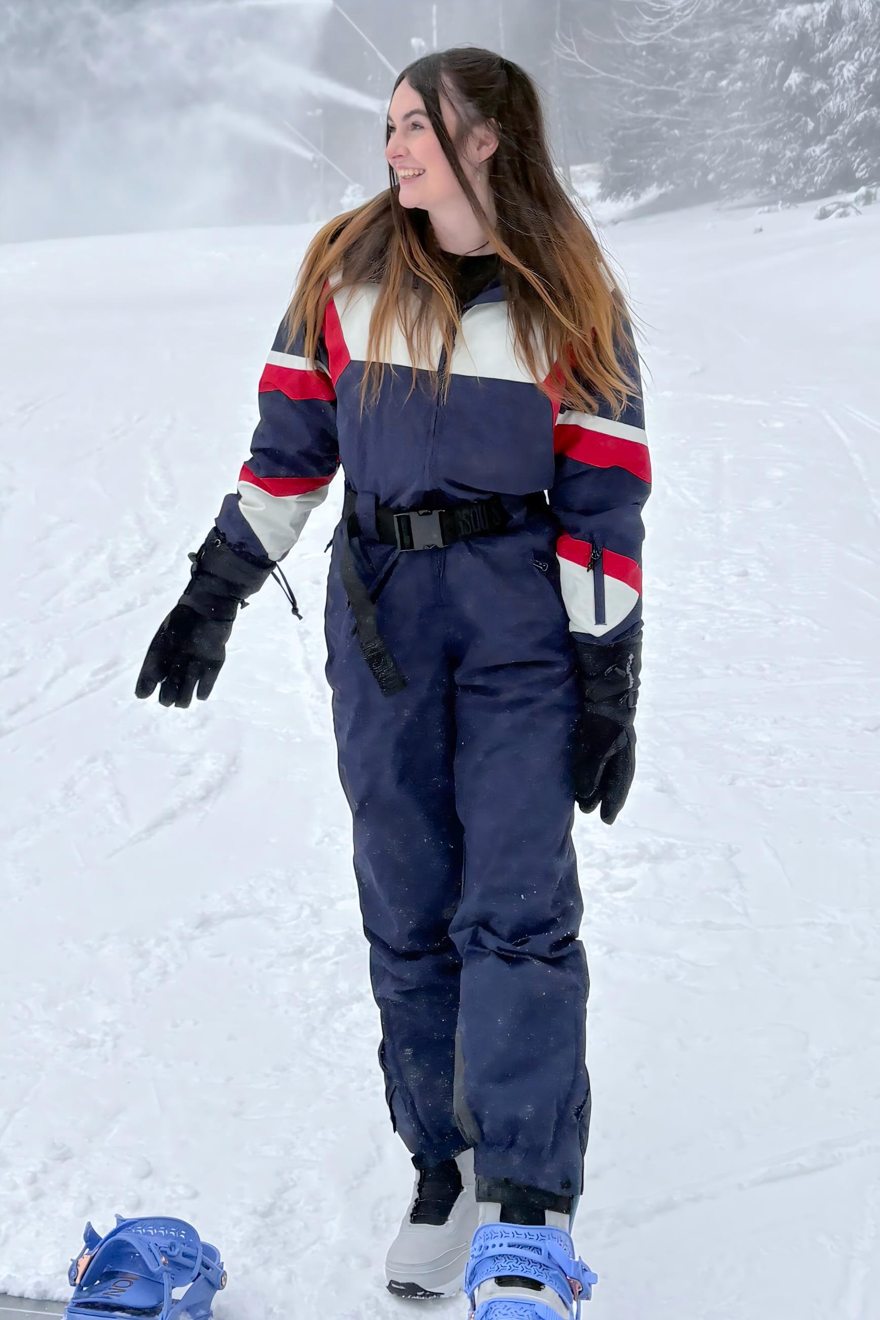 Women's Navy Insulated Color-Block Utility One-Piece Ski Suit with Durable Fabric & Multiple Pockets
