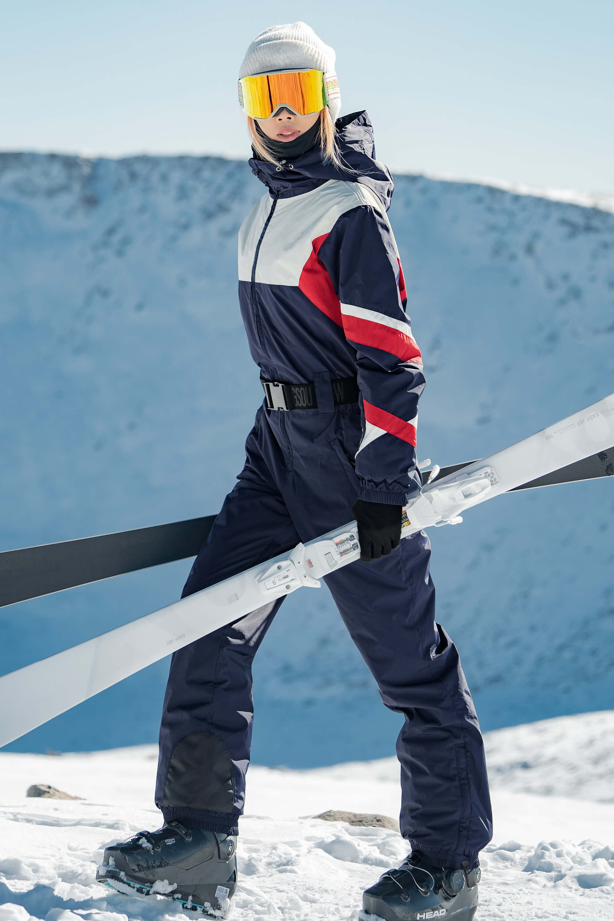Women's Blue Insulated Color-Block Utility One-Piece Ski Suit with Durable Fabric & Multiple Pockets