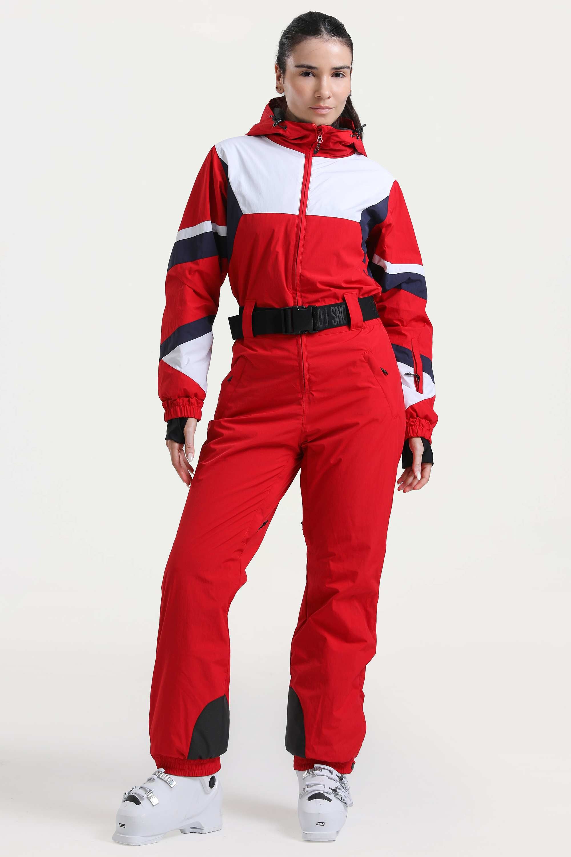 Women's Red Insulated Color-Block Utility One-Piece Ski Suit with Durable Fabric & Multiple Pockets
