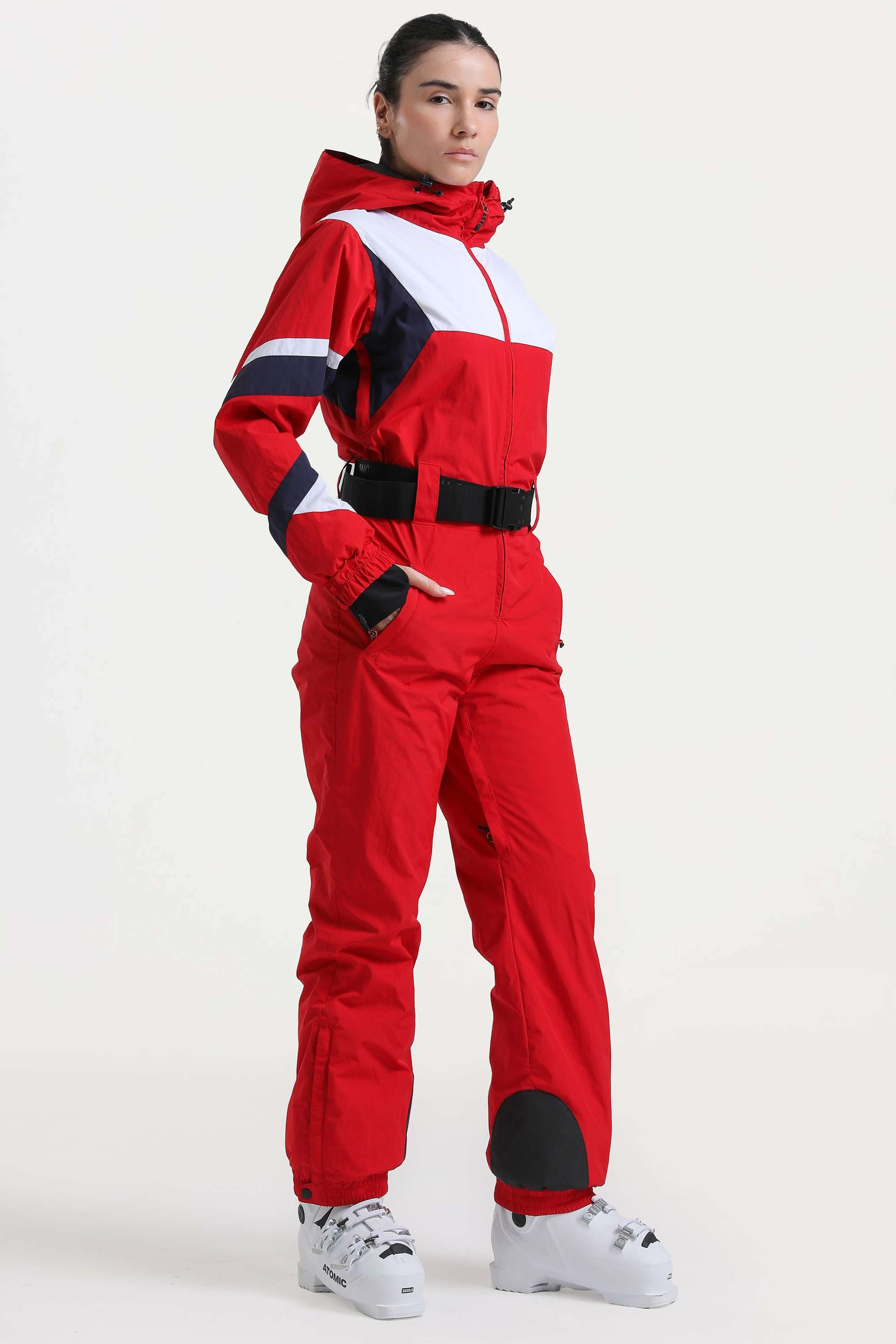 Women's Navy Insulated Color-Block Utility One-Piece Ski Suit with Durable Fabric & Multiple Pockets
