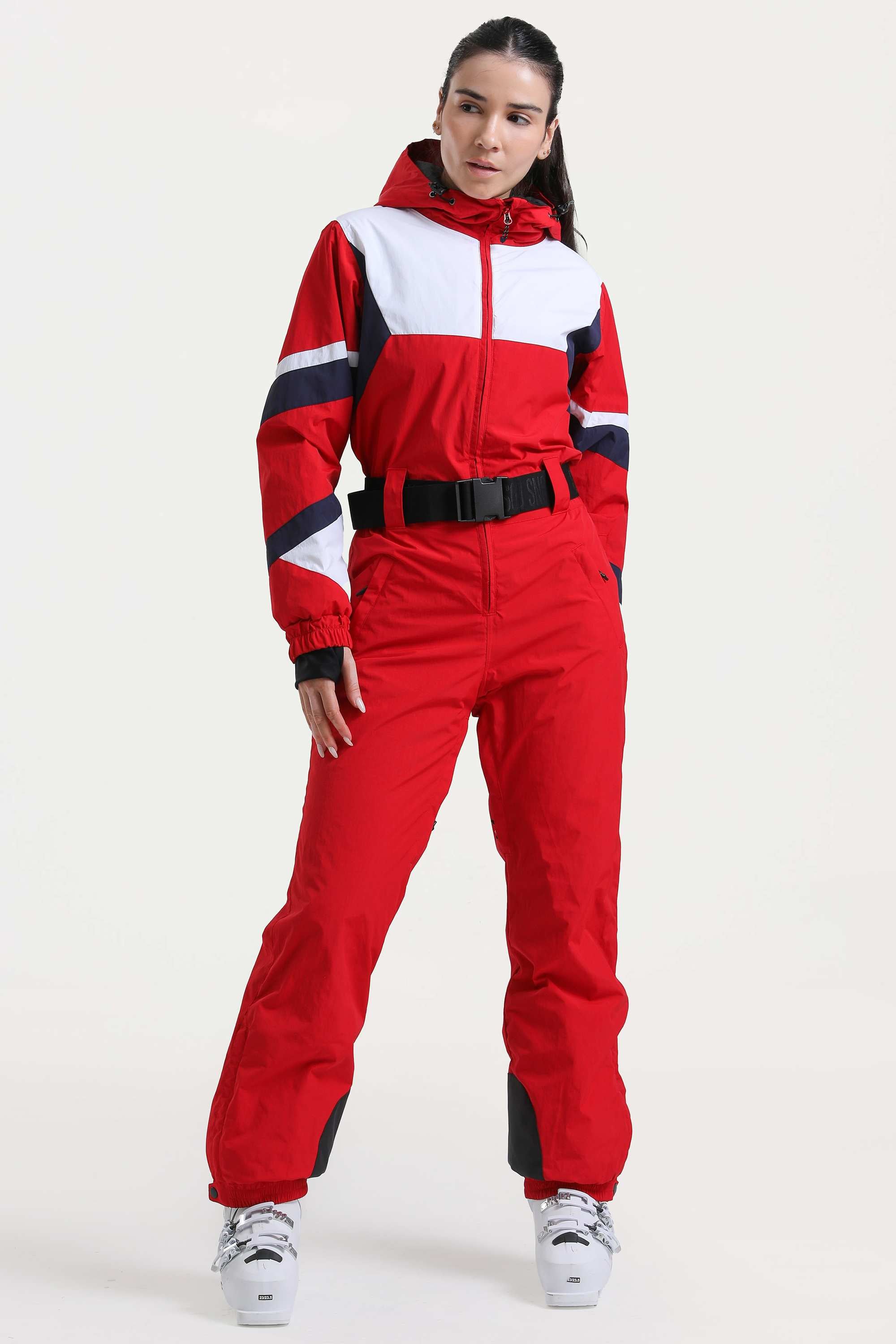 Women's Red Insulated Color-Block Utility One-Piece Ski Suit with Durable Fabric & Multiple Pockets