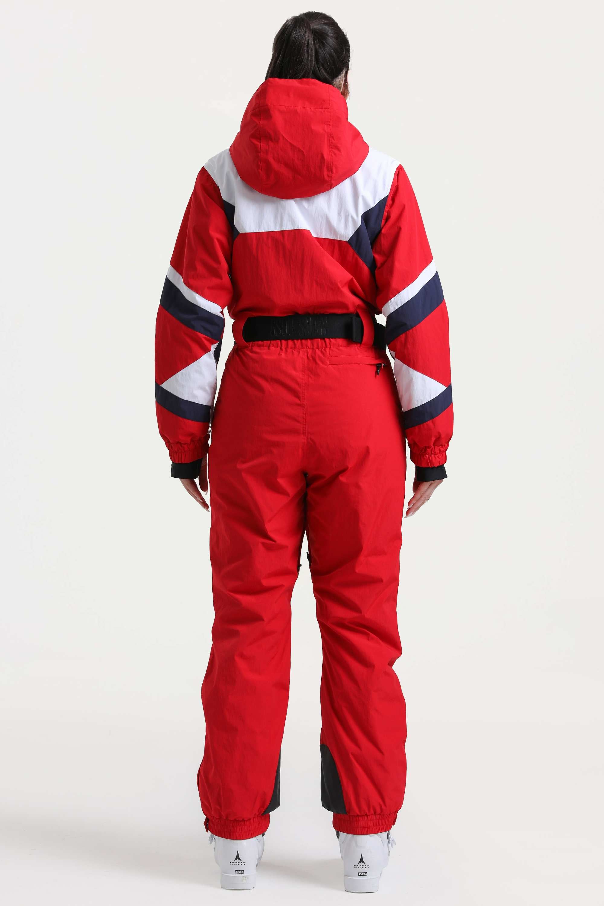 Women's Blue Insulated Color-Block Utility One-Piece Ski Suit with Durable Fabric & Multiple Pockets