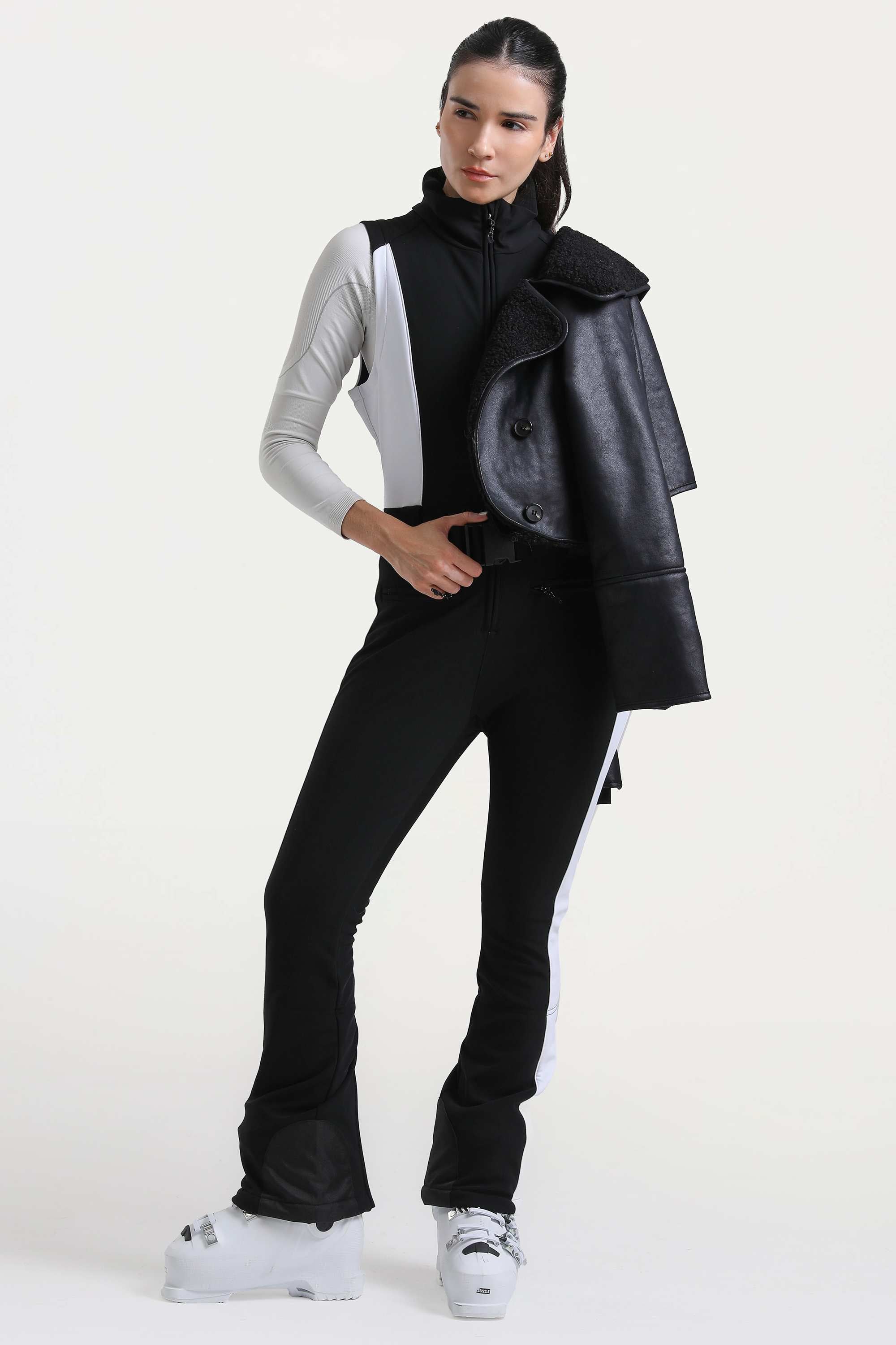 Women's Black Chic Slim-Fit One-Piece Ski Suit with Detachable Cozy Sherpa Jacket & Flared Legs