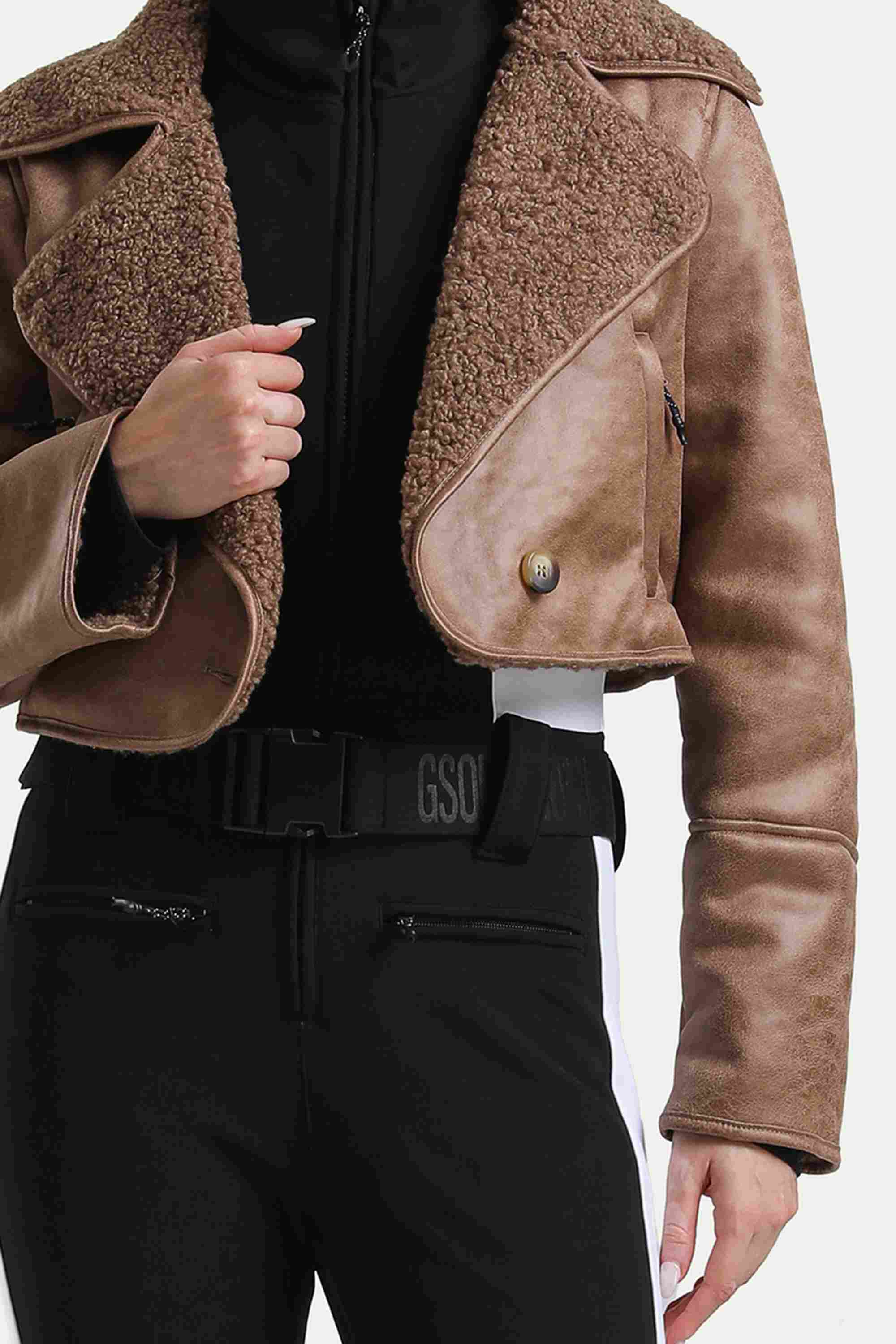 Women's Black & Brown Chic Slim-Fit One-Piece Ski Suit with Detachable Cozy Sherpa Jacket & Flared Legs