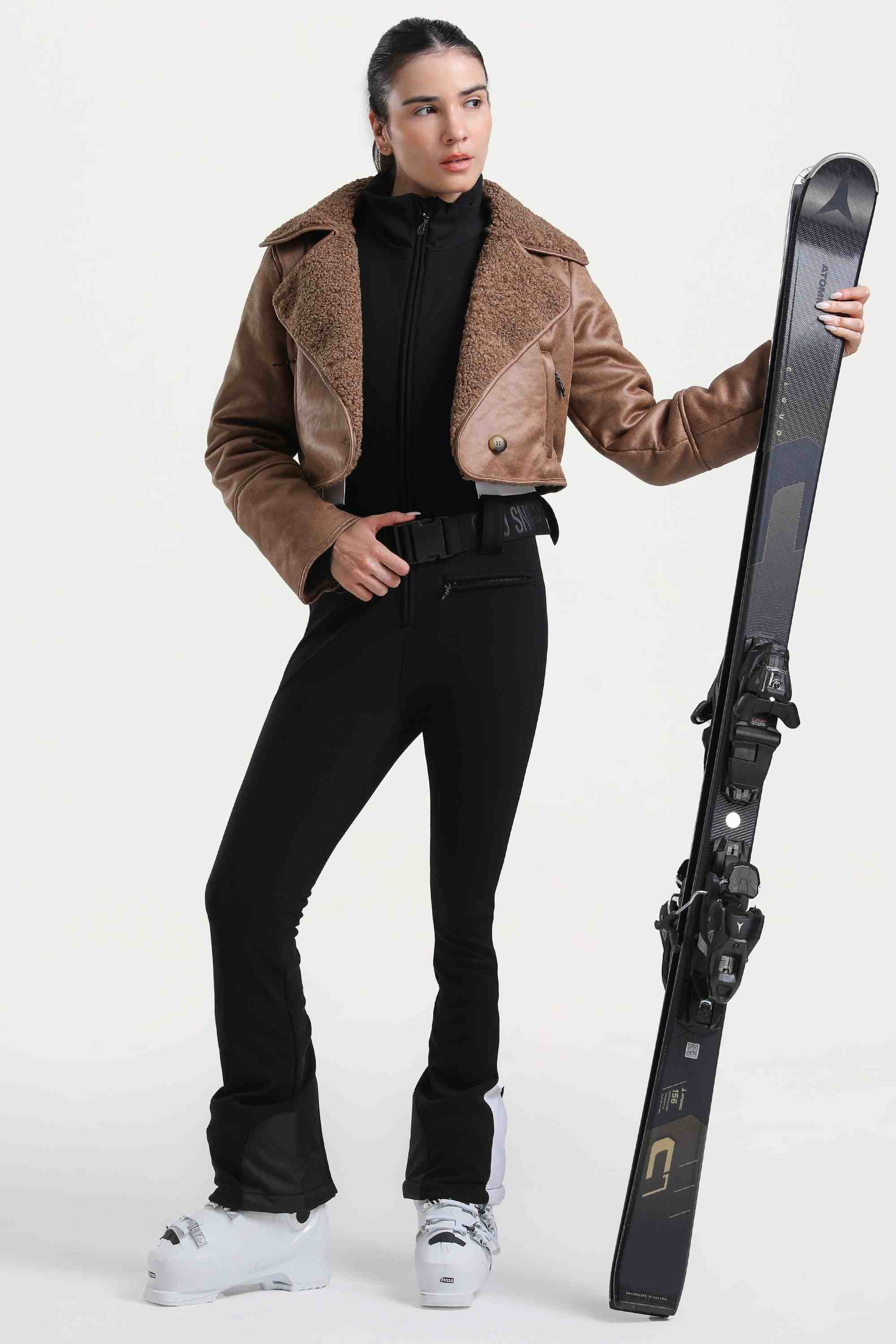 Women's Black Chic Slim-Fit One-Piece Ski Suit with Detachable Cozy Sherpa Jacket & Flared Legs