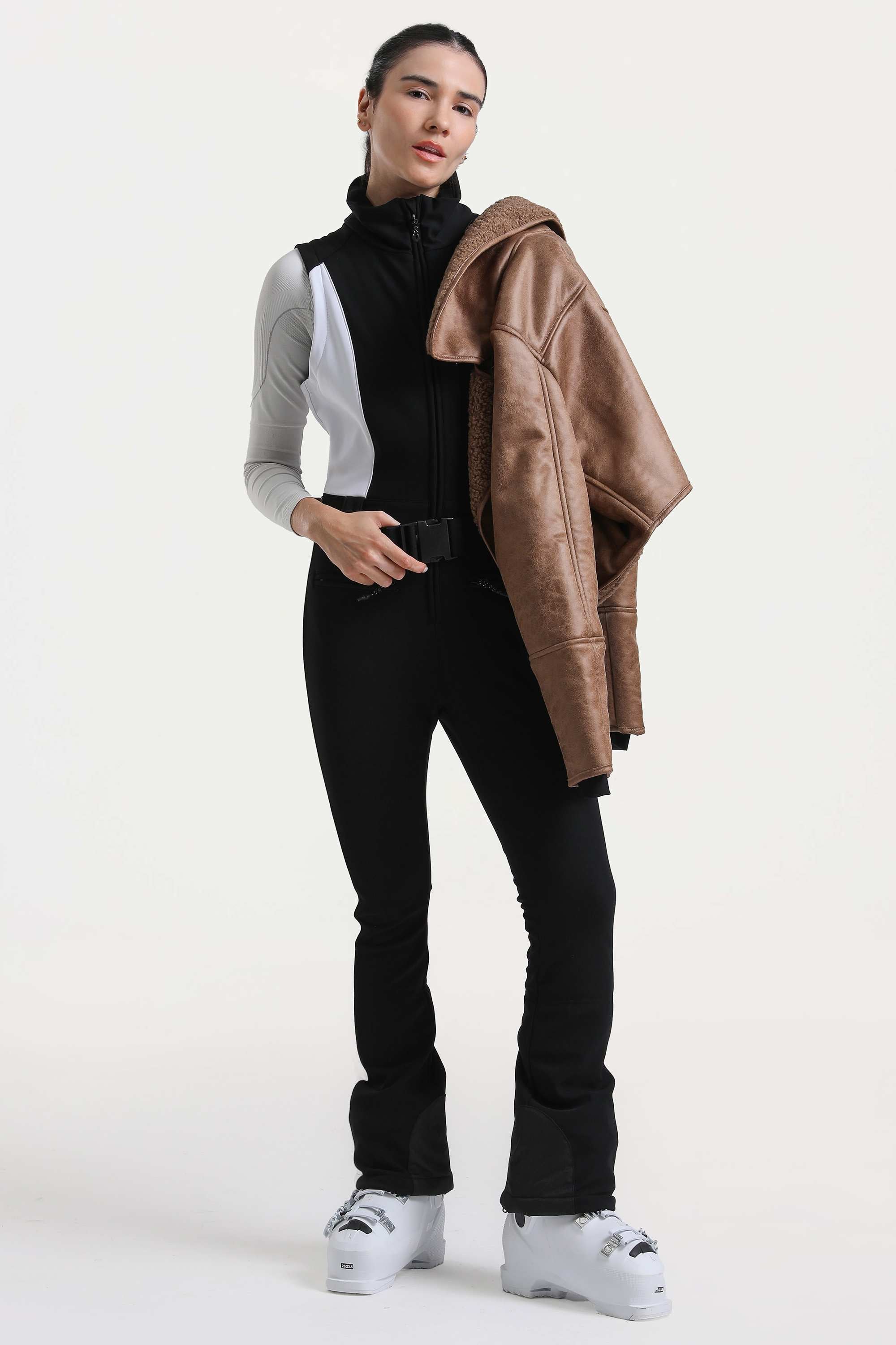 Women's Black Chic Slim-Fit One-Piece Ski Suit with Detachable Cozy Sherpa Jacket & Flared Legs