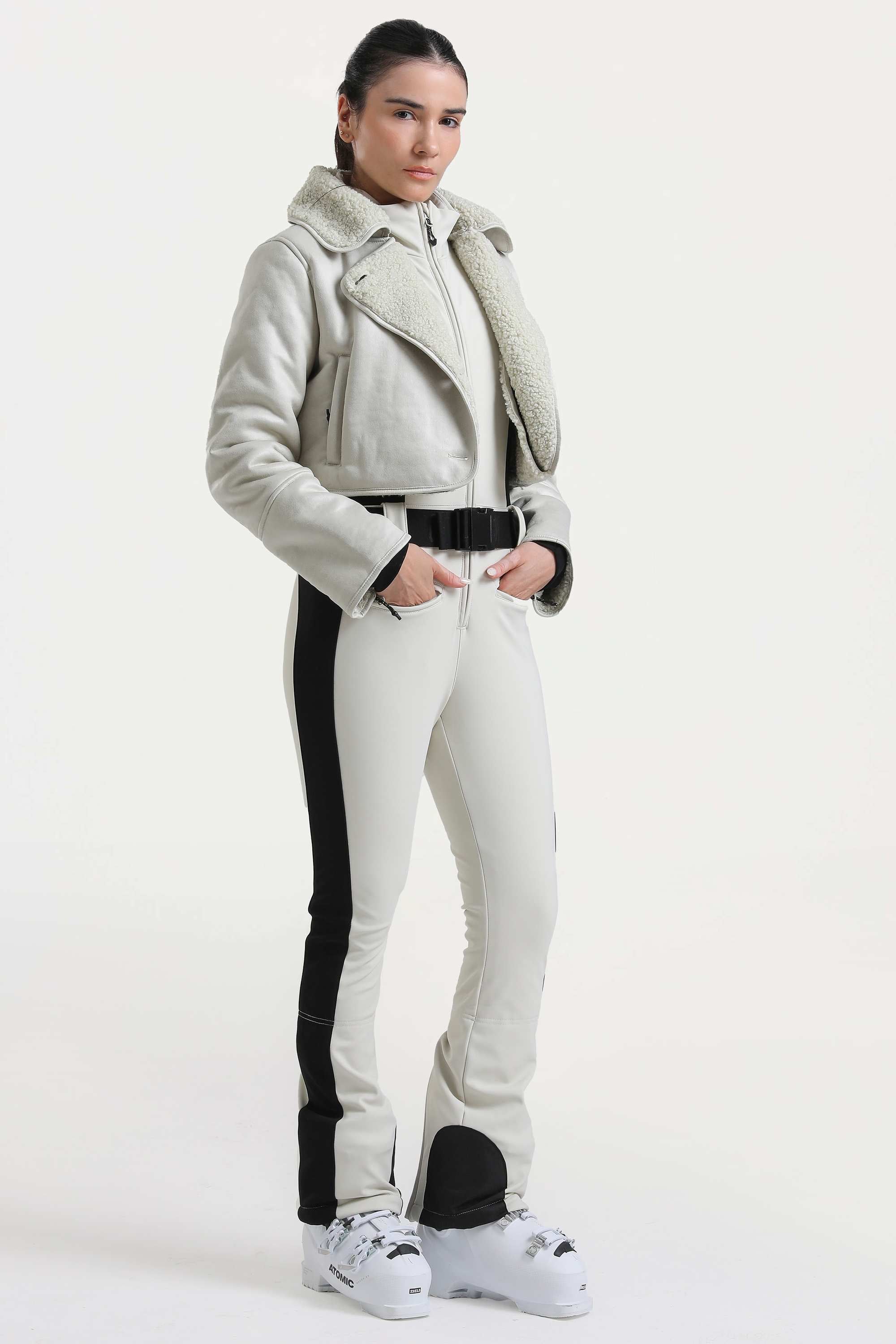 Women's Black & Brown Chic Slim-Fit One-Piece Ski Suit with Detachable Cozy Sherpa Jacket & Flared Legs
