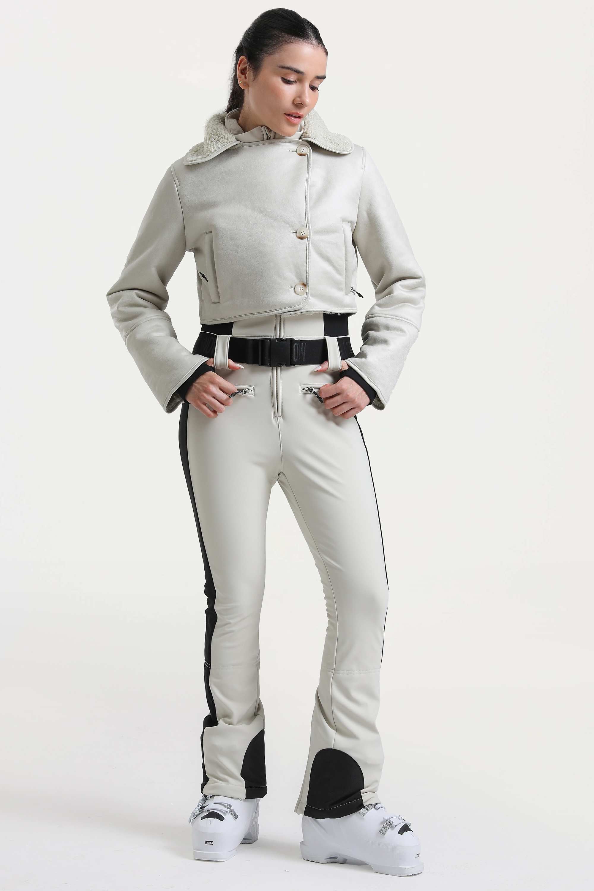 Women's Off White Chic Slim-Fit One-Piece Ski Suit with Detachable Cozy Sherpa Jacket & Flared Legs