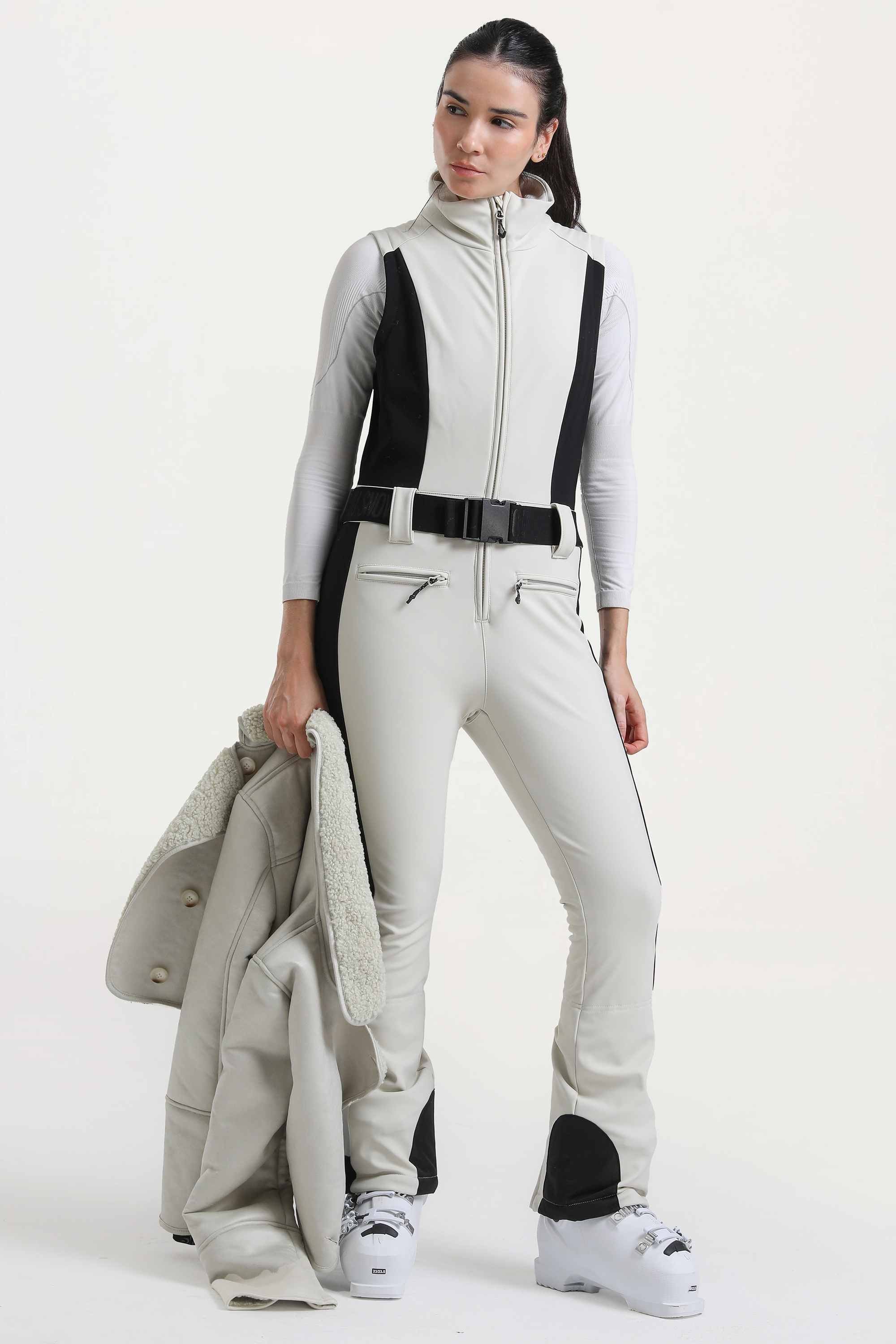 Women's Off White Chic Slim-Fit One-Piece Ski Suit with Detachable Cozy Sherpa Jacket & Flared Legs