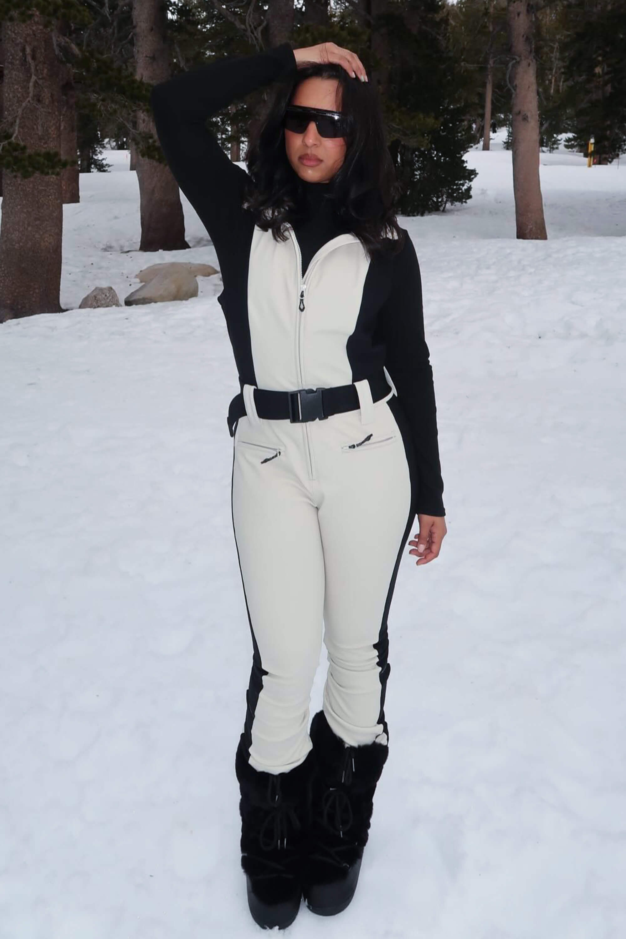 Women's Off White Chic Slim-Fit One-Piece Ski Suit with Detachable Cozy Sherpa Jacket & Flared Legs