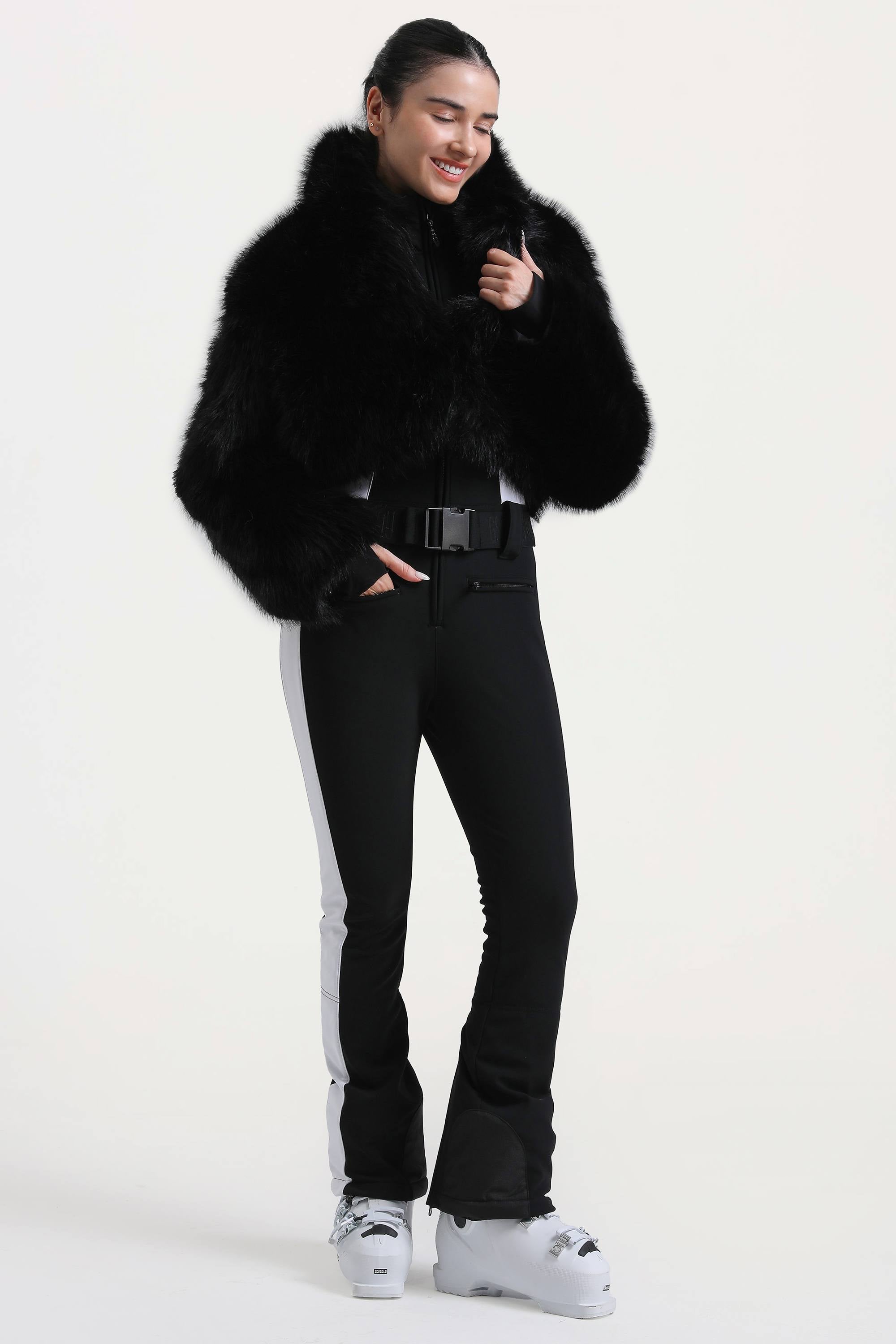 Women's White Stylish Slim-Fit One-Piece Ski Suit with Detachable Faux Fox Fur Jacket & Flared Legs
