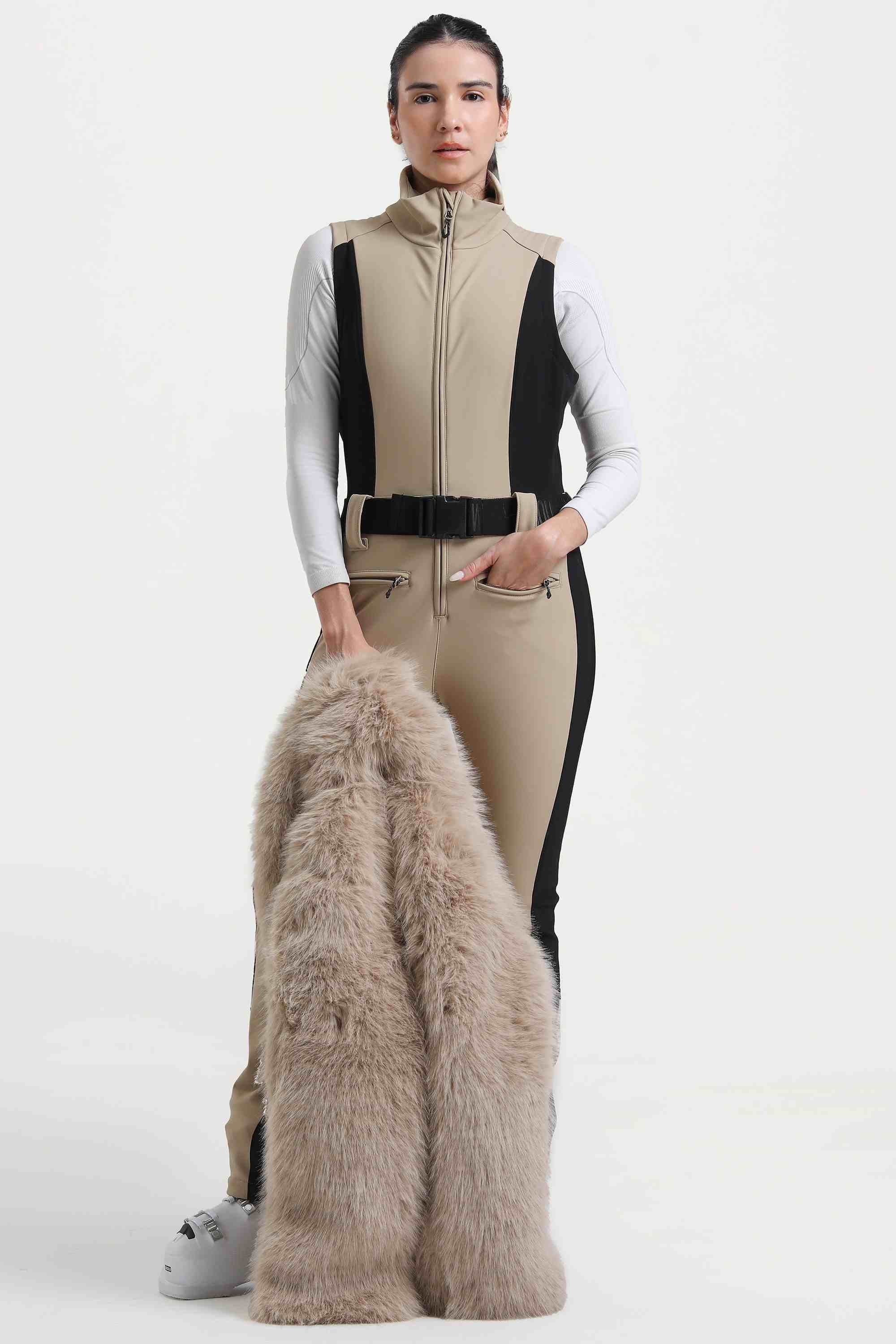 Women's White Stylish Slim-Fit One-Piece Ski Suit with Detachable Faux Fox Fur Jacket & Flared Legs