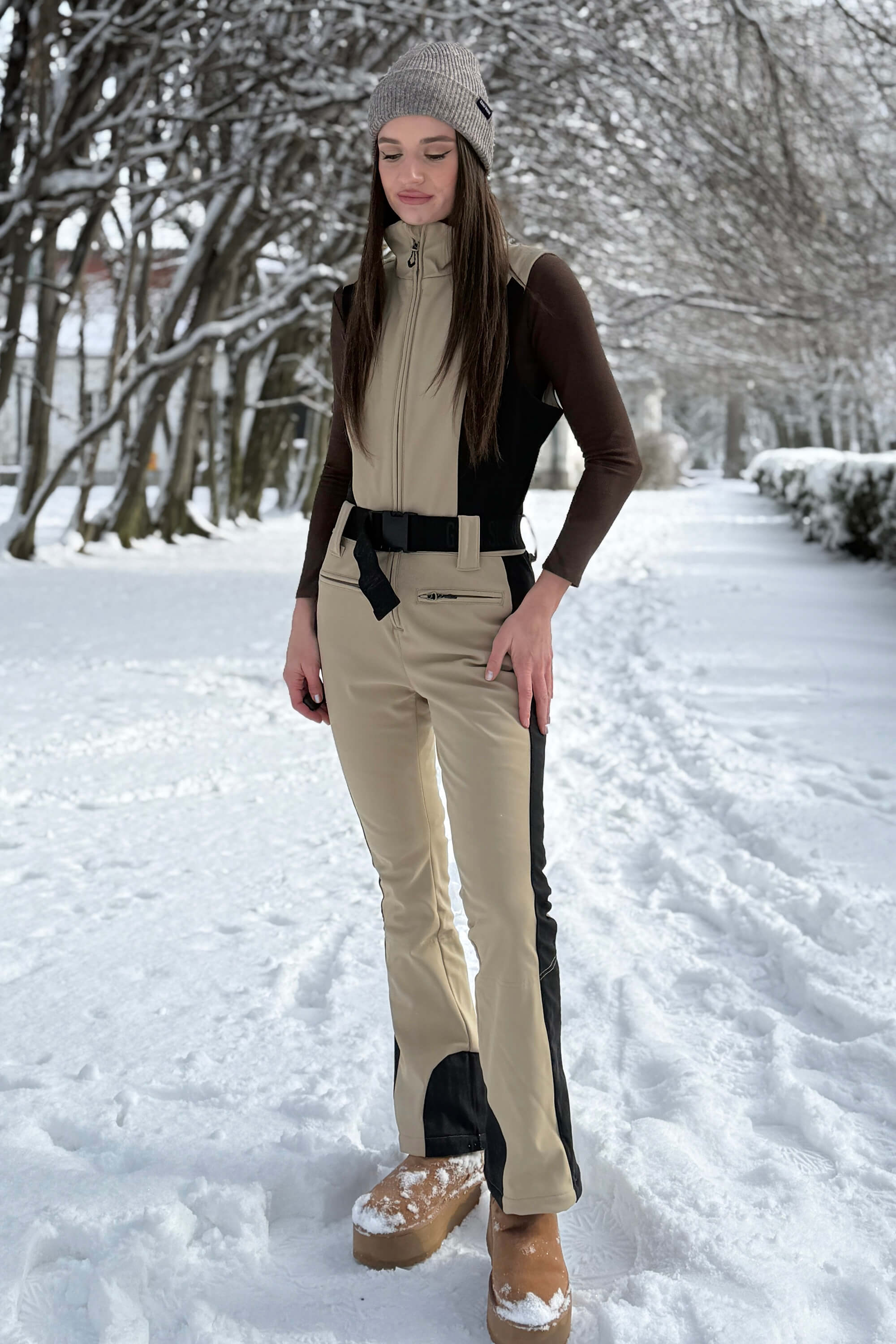 Women's Khaki Stylish Slim-Fit One-Piece Ski Suit with Detachable Faux Fox Fur Jacket & Flared Legs