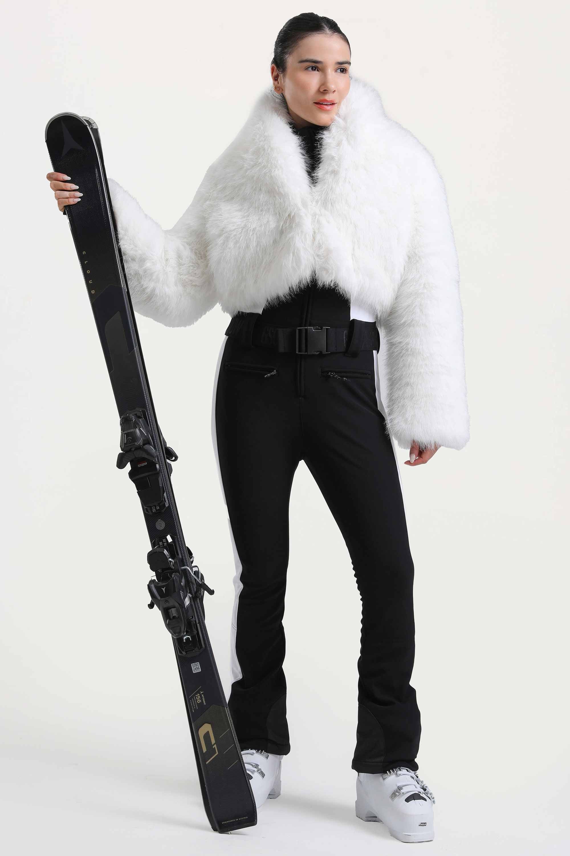 Women's White Stylish Slim-Fit One-Piece Ski Suit with Detachable Faux Fox Fur Jacket & Flared Legs