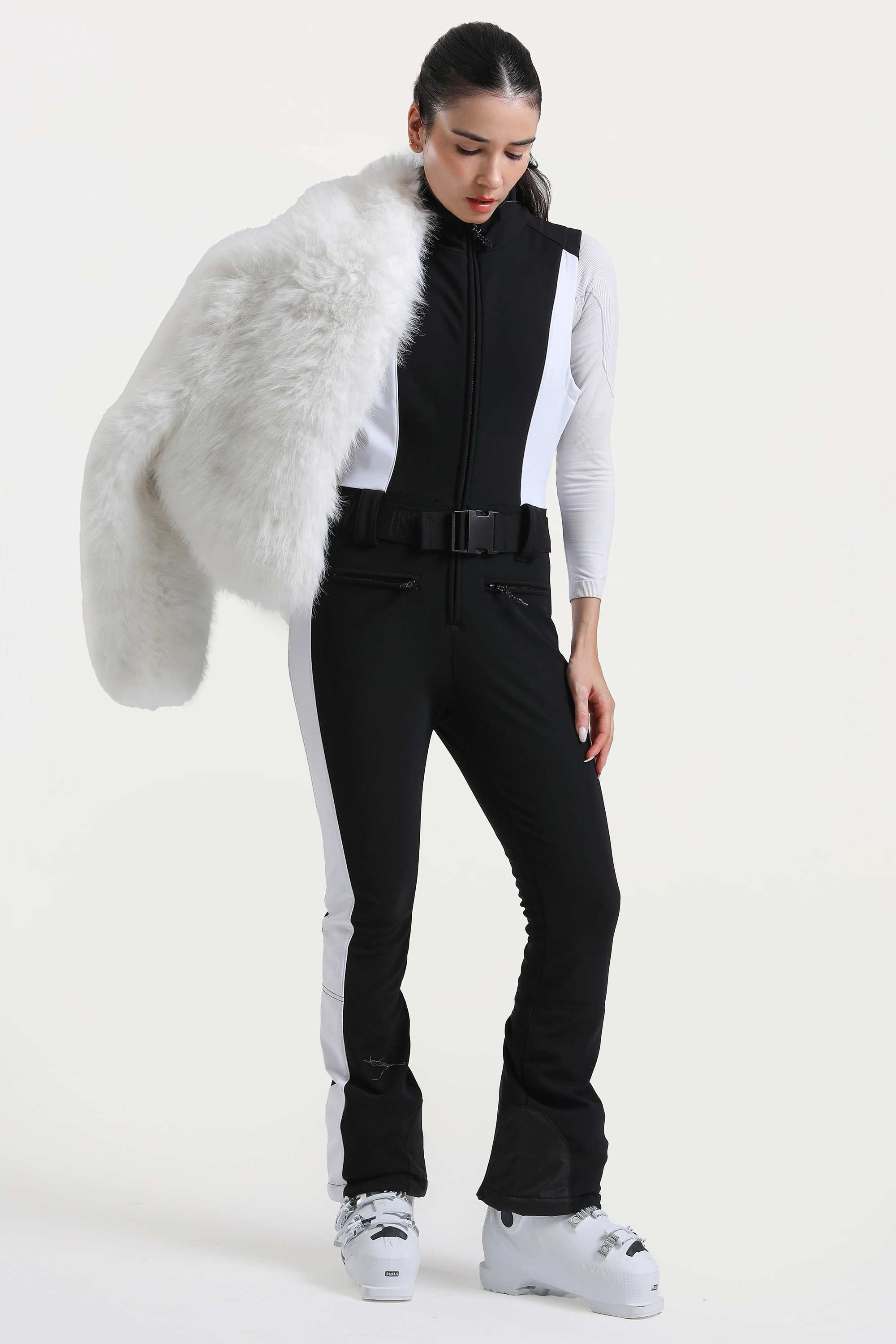 Women's White Stylish Slim-Fit One-Piece Ski Suit with Detachable Faux Fox Fur Jacket & Flared Legs