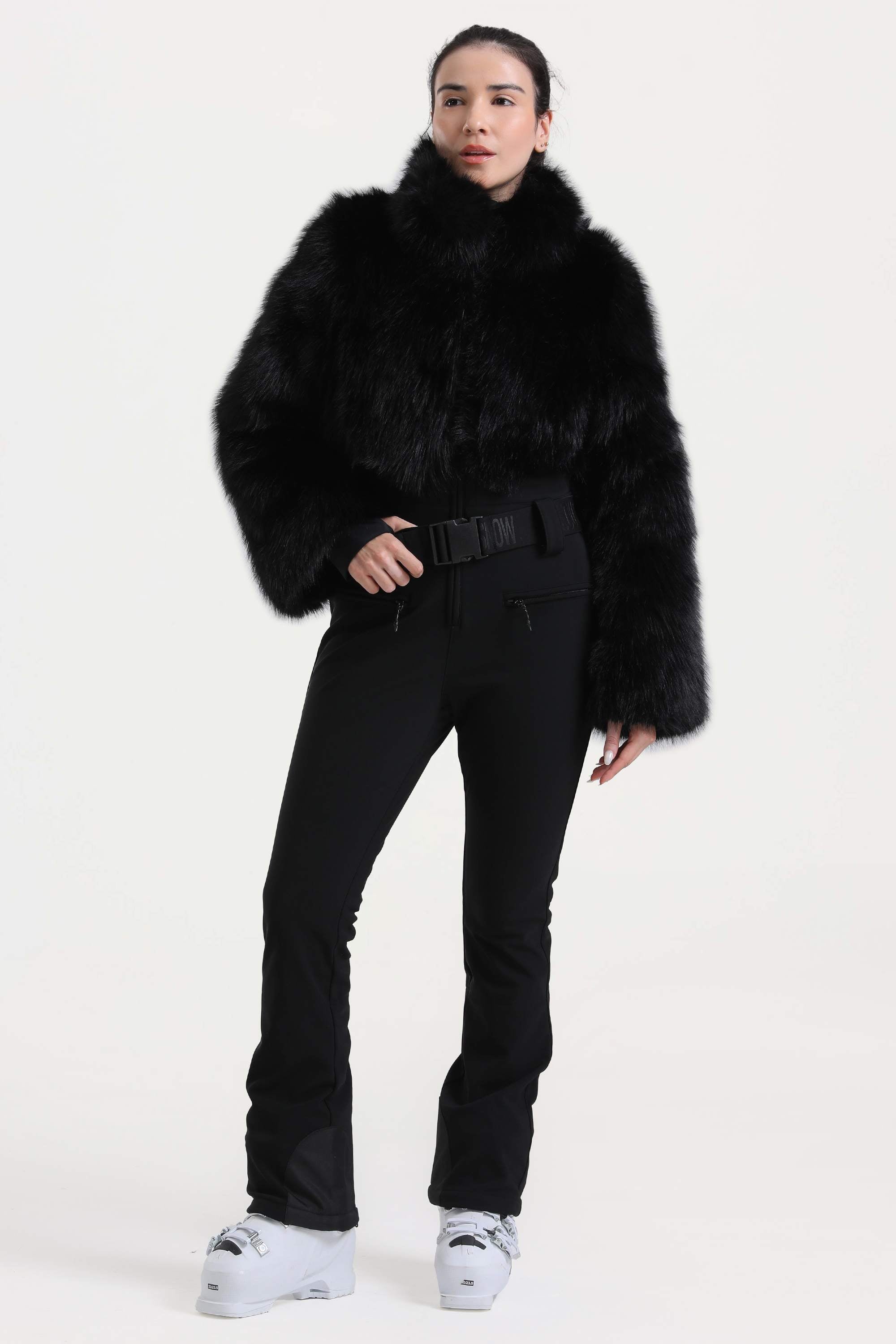 Women's Black Fashion Slim-Fit Stretch One-Piece Ski Suit with Faux Fox Fur Jacket & Flared Legs