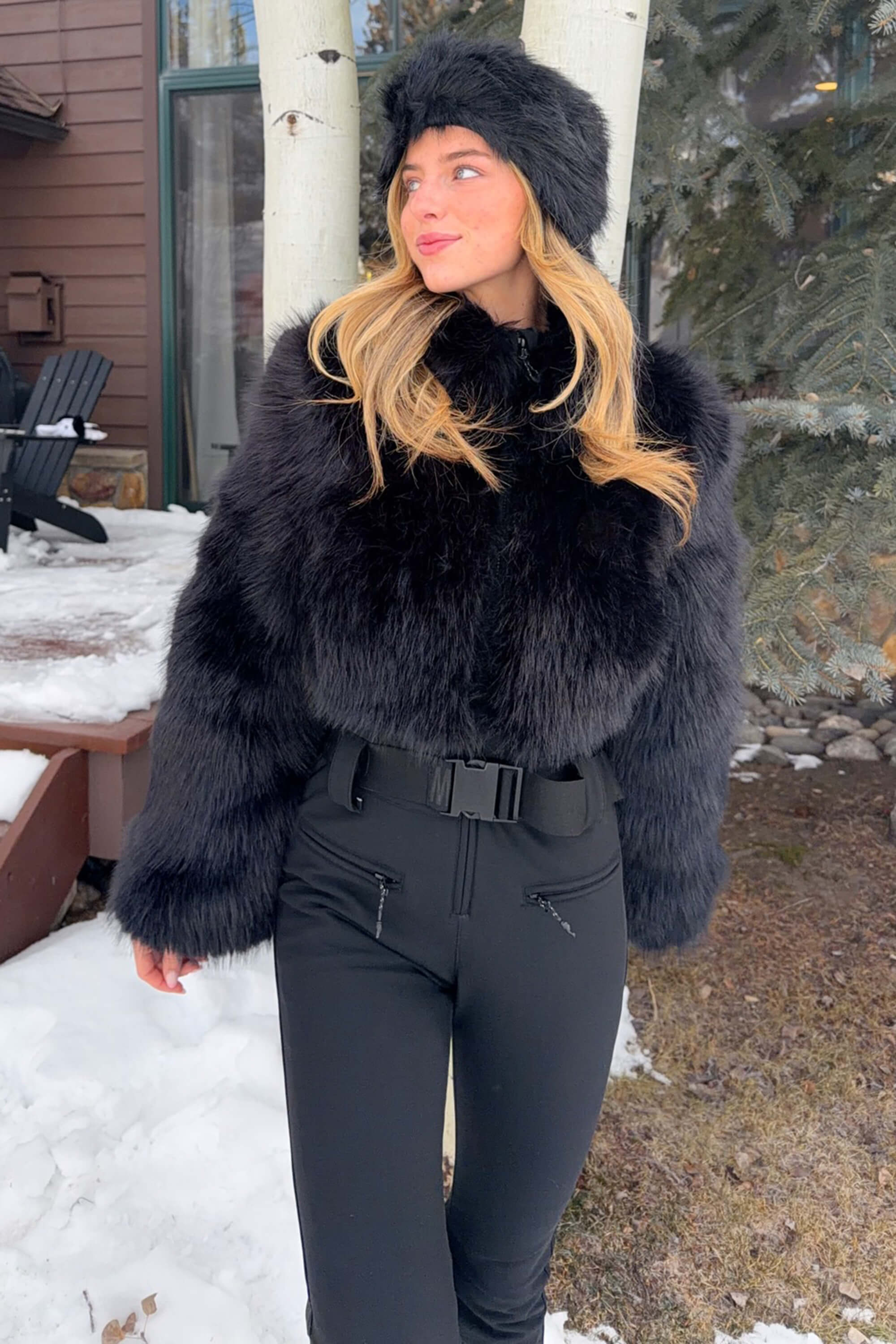 Women's Khaki Fashion Slim-Fit Stretch One-Piece Ski Suit with Faux Fox Fur Jacket & Flared Legs