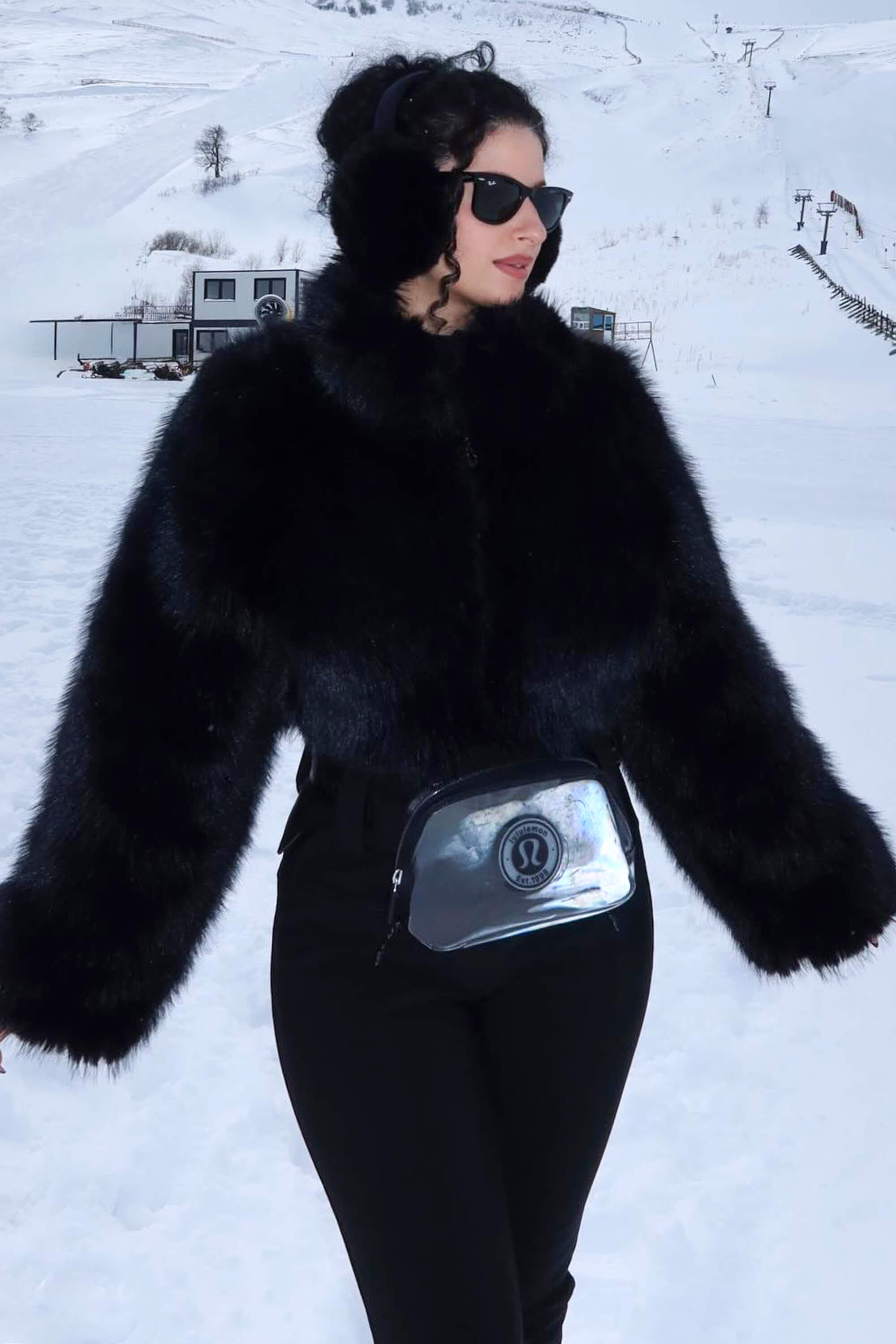 Women's Khaki Fashion Slim-Fit Stretch One-Piece Ski Suit with Faux Fox Fur Jacket & Flared Legs
