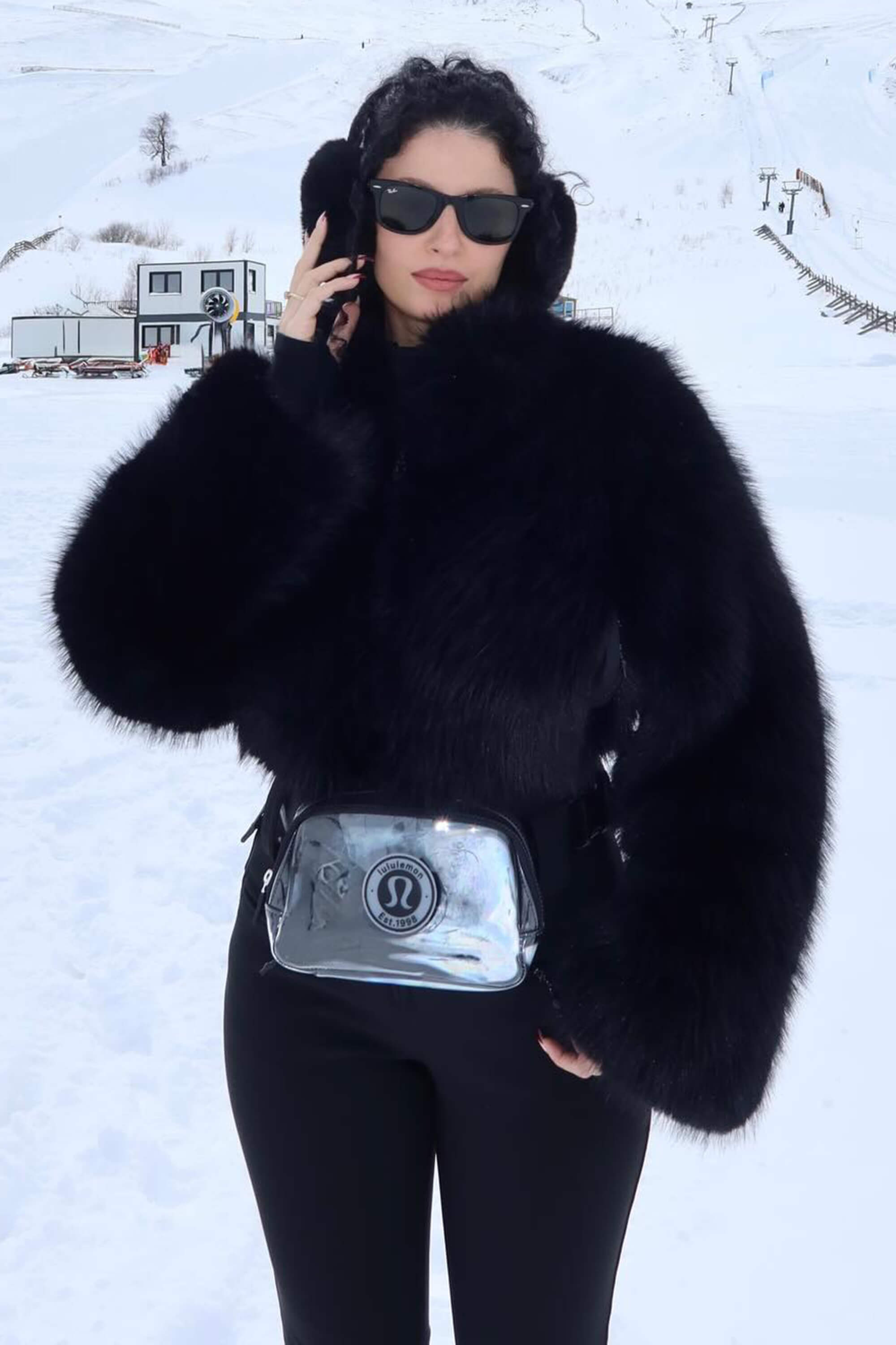 Women's Khaki Fashion Slim-Fit Stretch One-Piece Ski Suit with Faux Fox Fur Jacket & Flared Legs