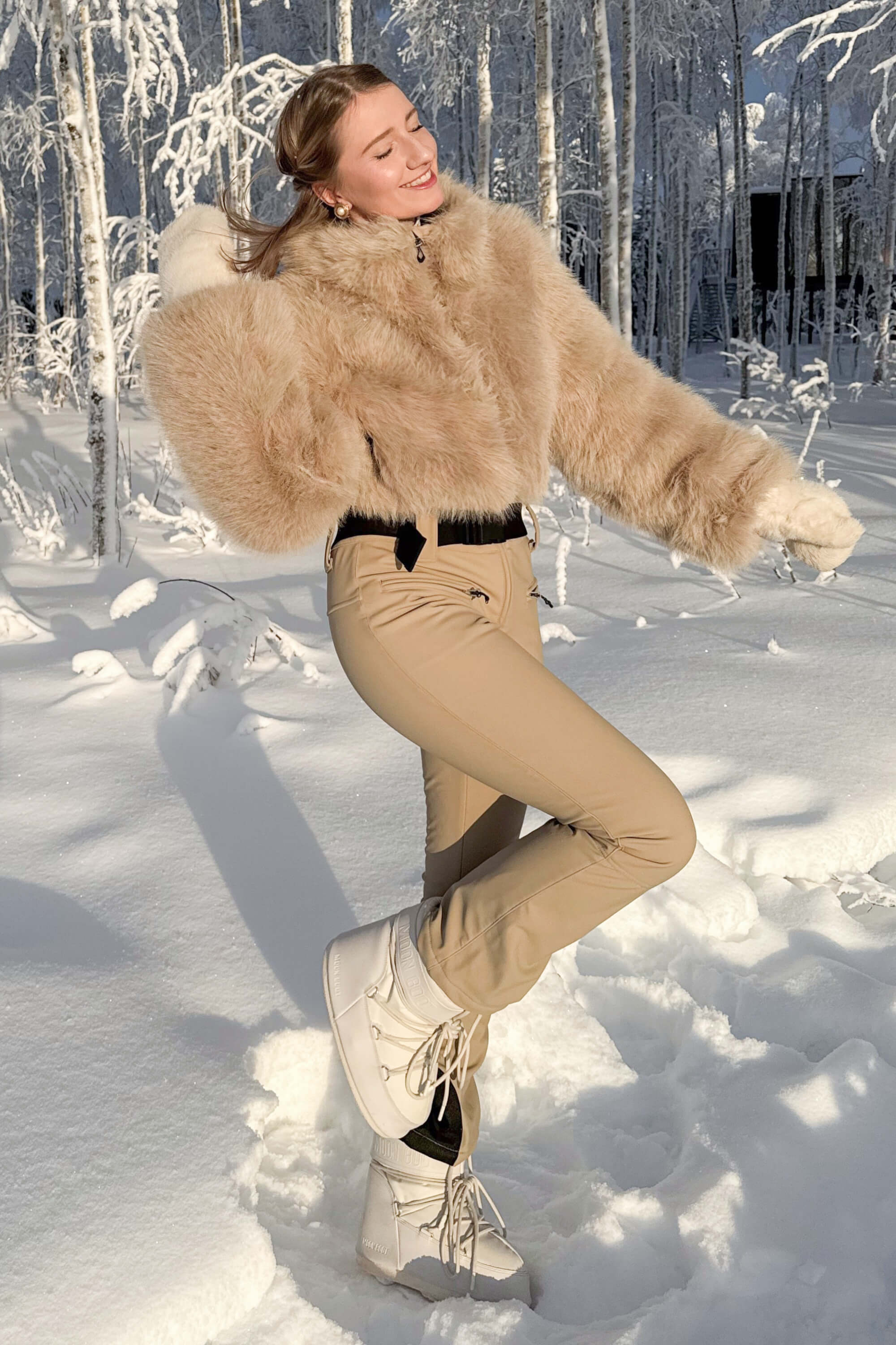 Women's Khaki Fashion Slim-Fit Stretch One-Piece Ski Suit with Faux Fox Fur Jacket & Flared Legs