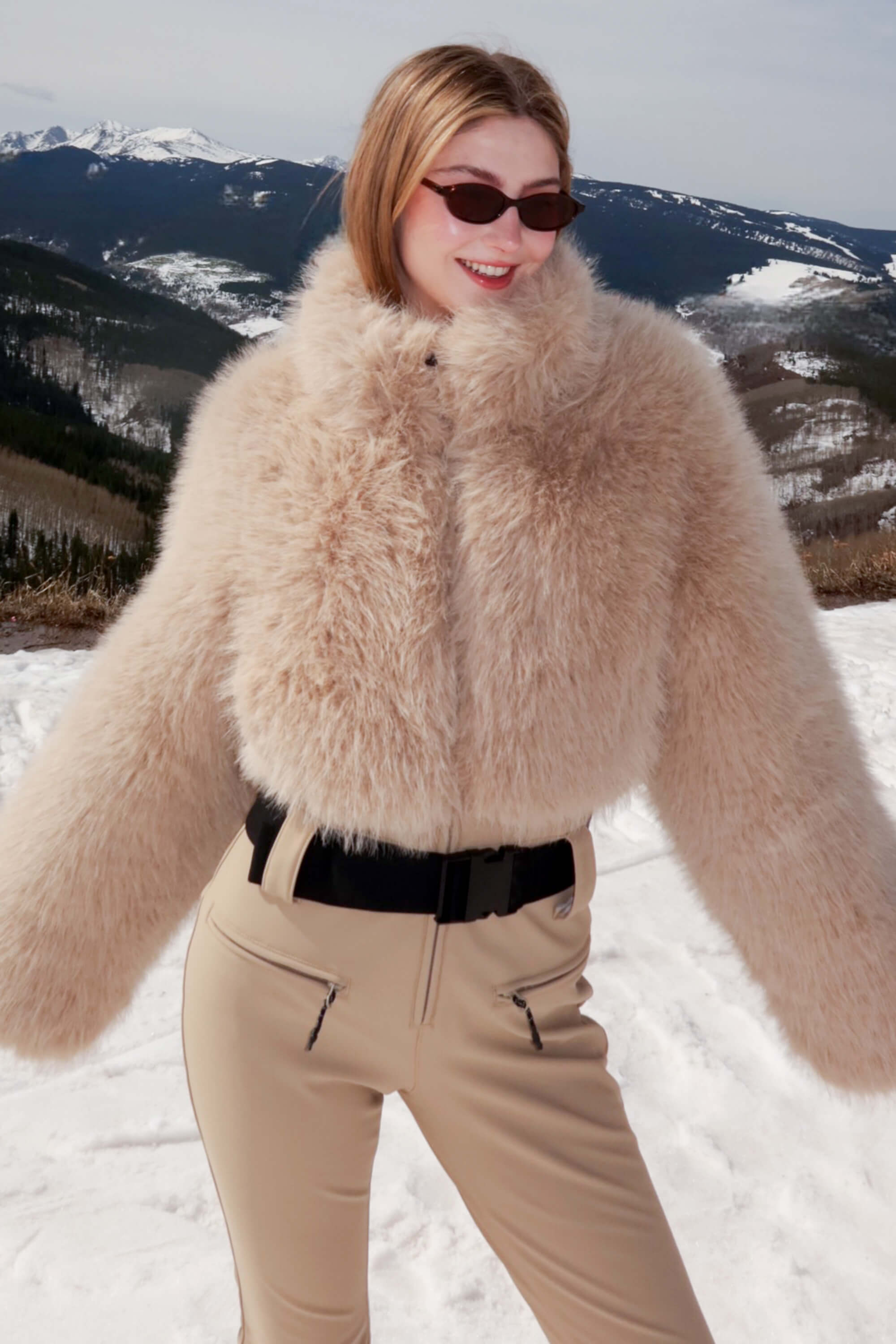 Women's Khaki Fashion Slim-Fit Stretch One-Piece Ski Suit with Faux Fox Fur Jacket & Flared Legs