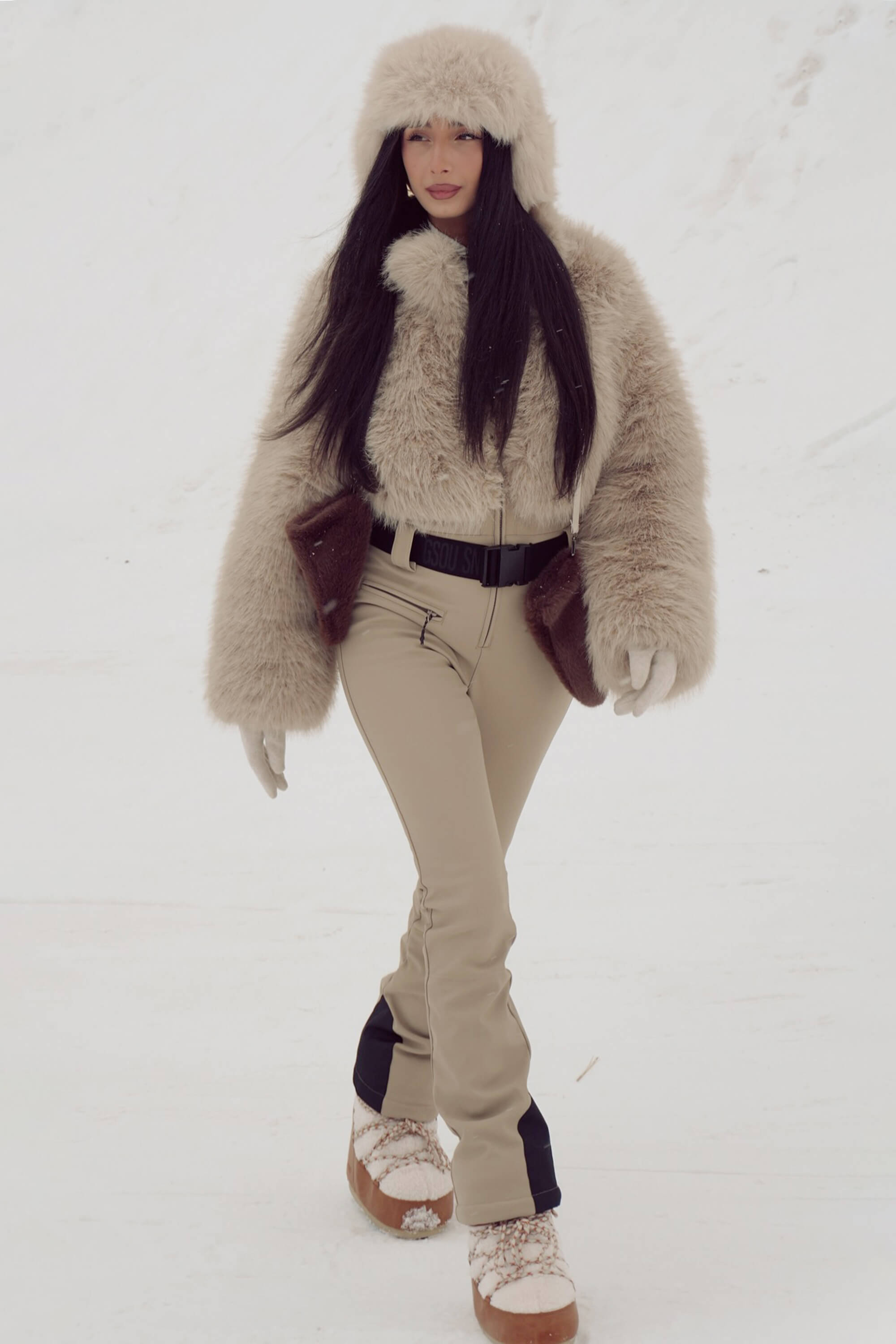 Women's Khaki Fashion Slim-Fit Stretch One-Piece Ski Suit with Faux Fox Fur Jacket & Flared Legs