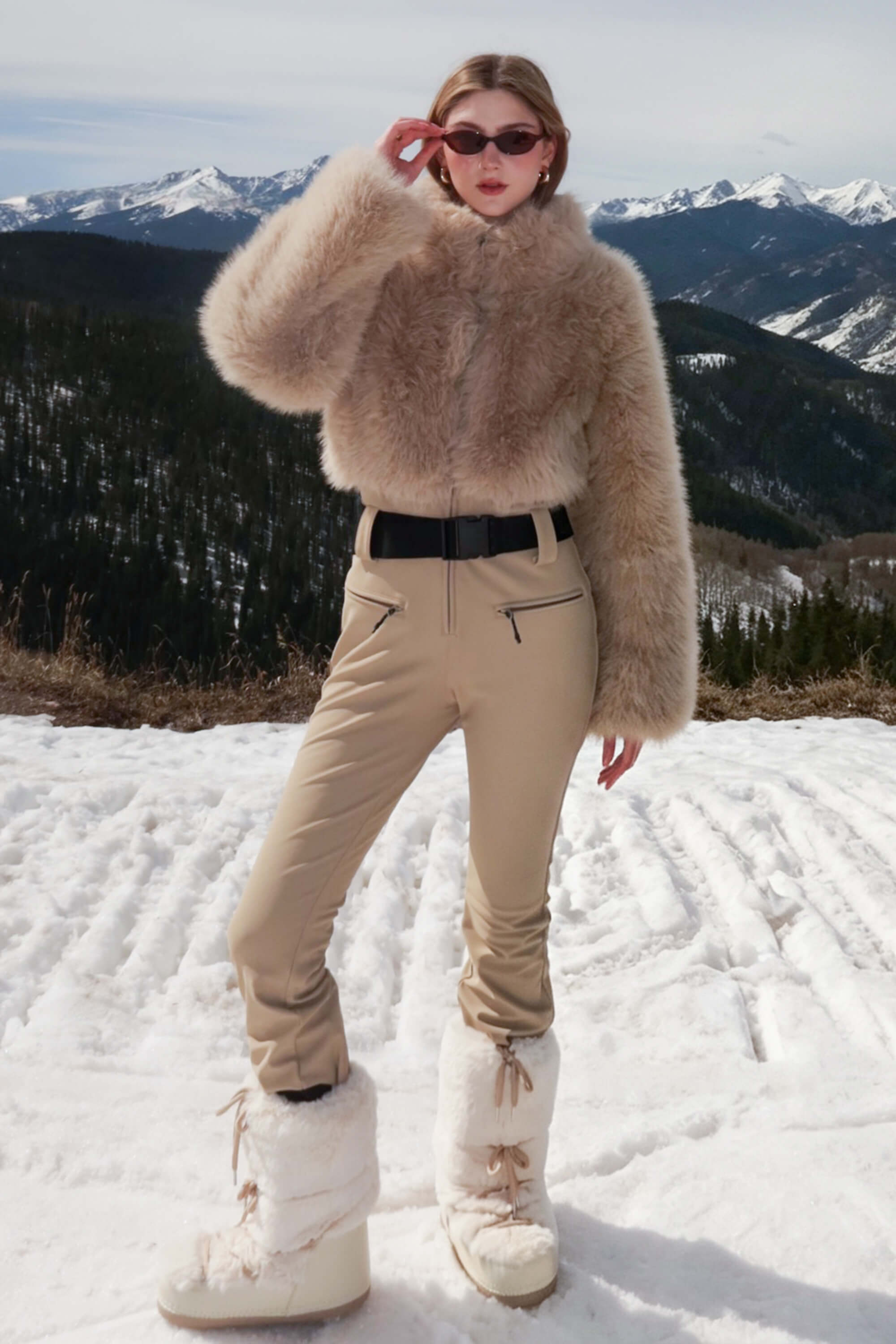 Women's Khaki Fashion Slim-Fit Stretch One-Piece Ski Suit with Faux Fox Fur Jacket & Flared Legs
