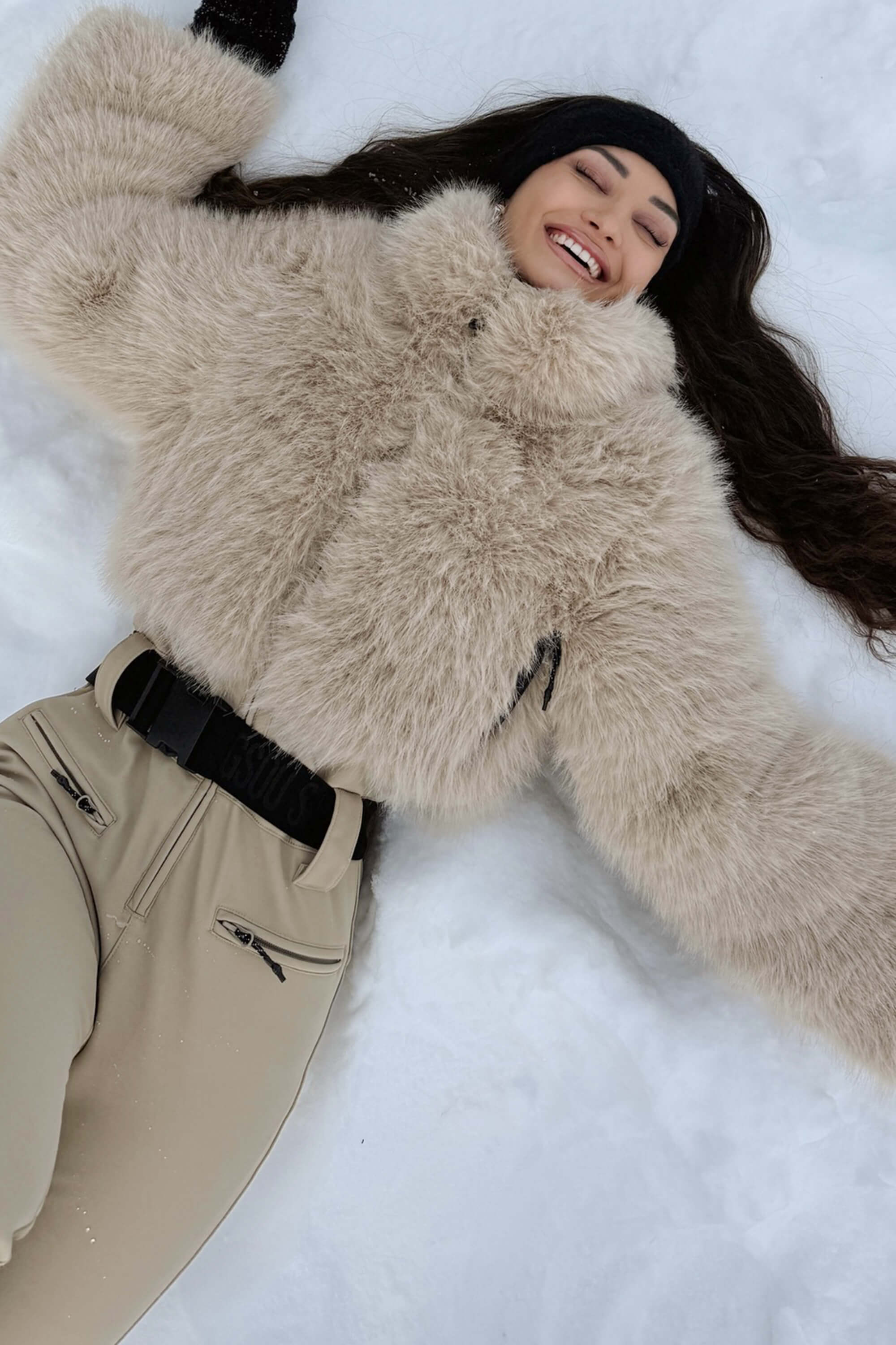 Women's Khaki Fashion Slim-Fit Stretch One-Piece Ski Suit with Faux Fox Fur Jacket & Flared Legs