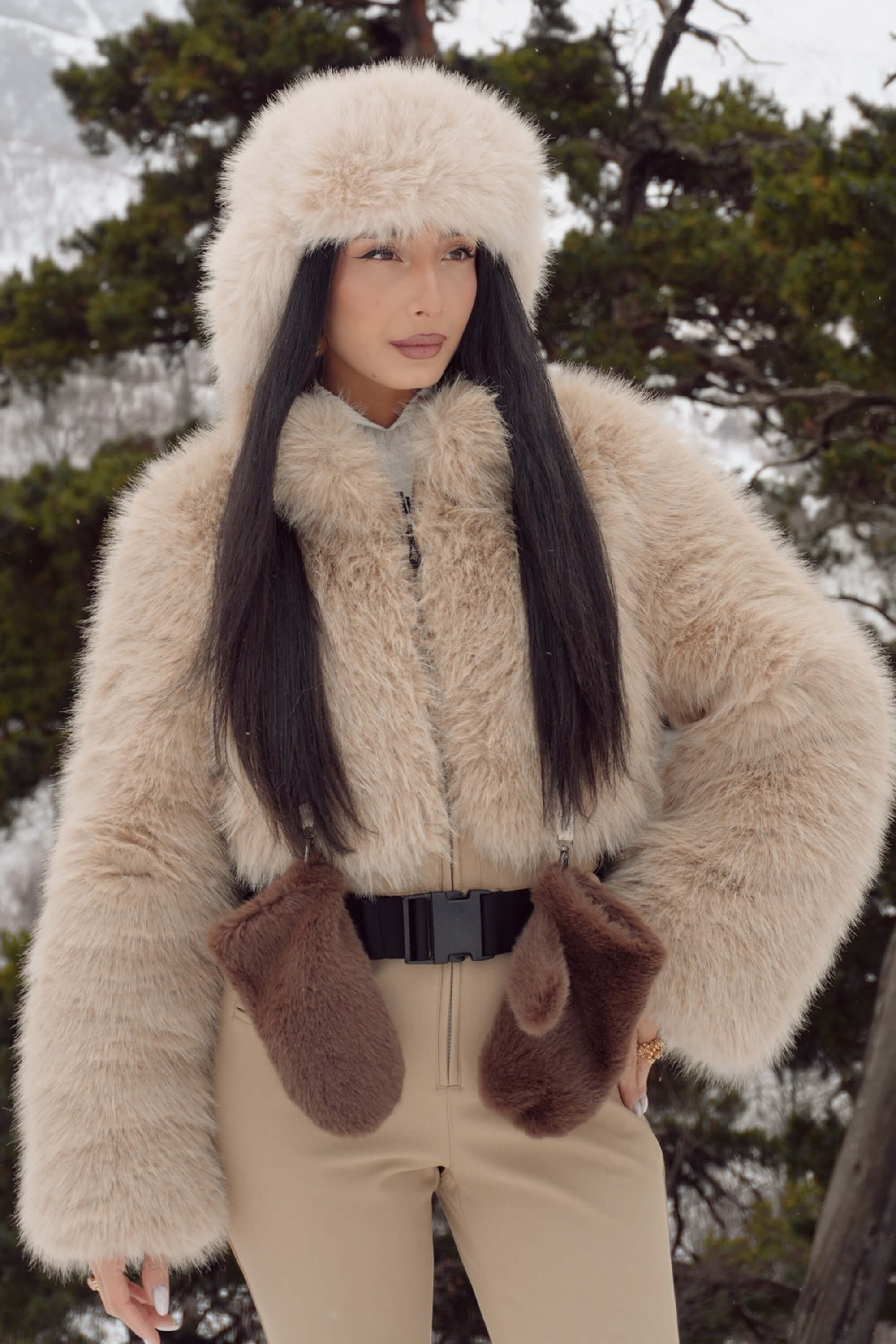 Women's Khaki Fashion Slim-Fit Stretch One-Piece Ski Suit with Faux Fox Fur Jacket & Flared Legs