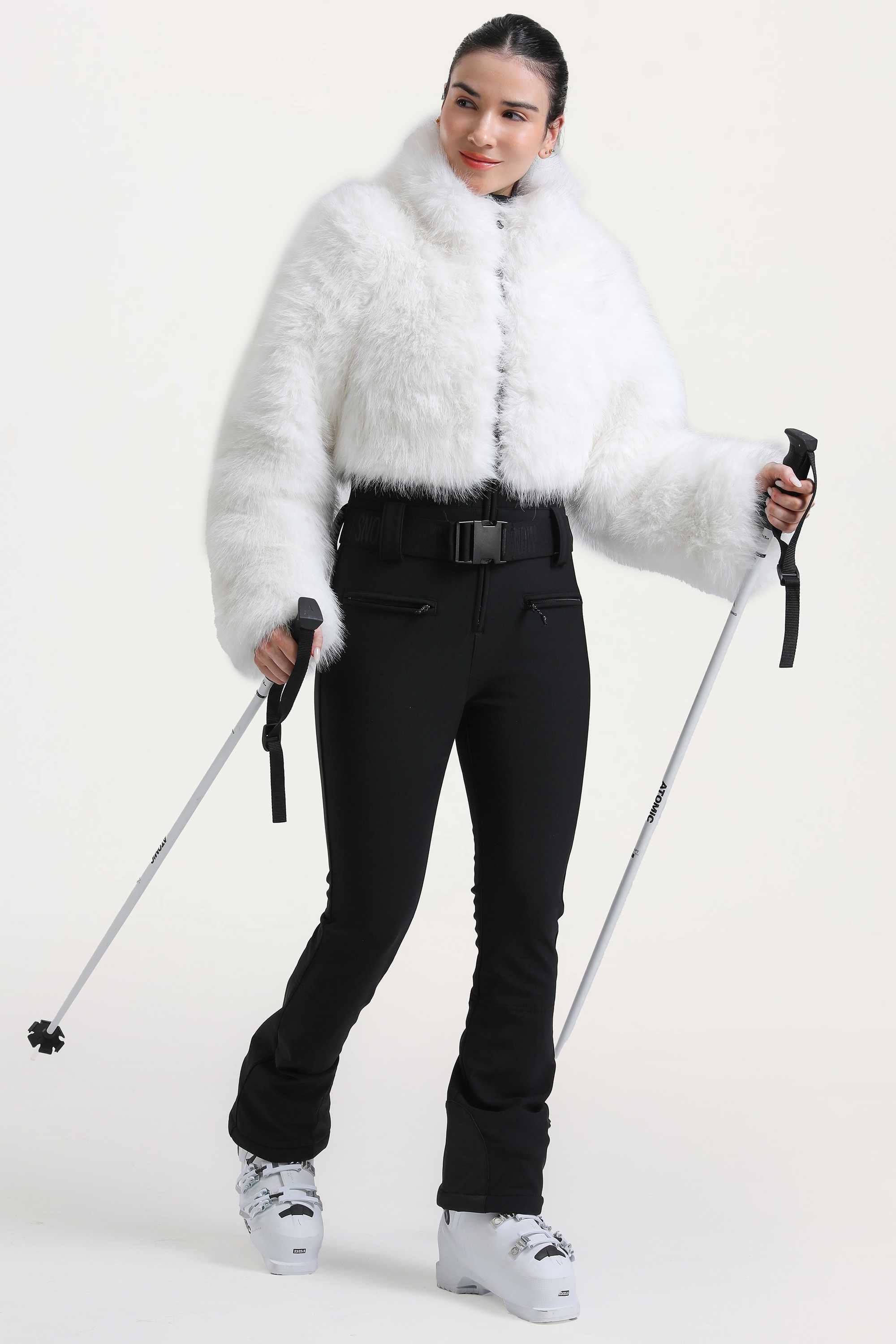 Women's White Fashion Slim-Fit Stretch One-Piece Ski Suit with Faux Fox Fur Jacket & Flared Legs
