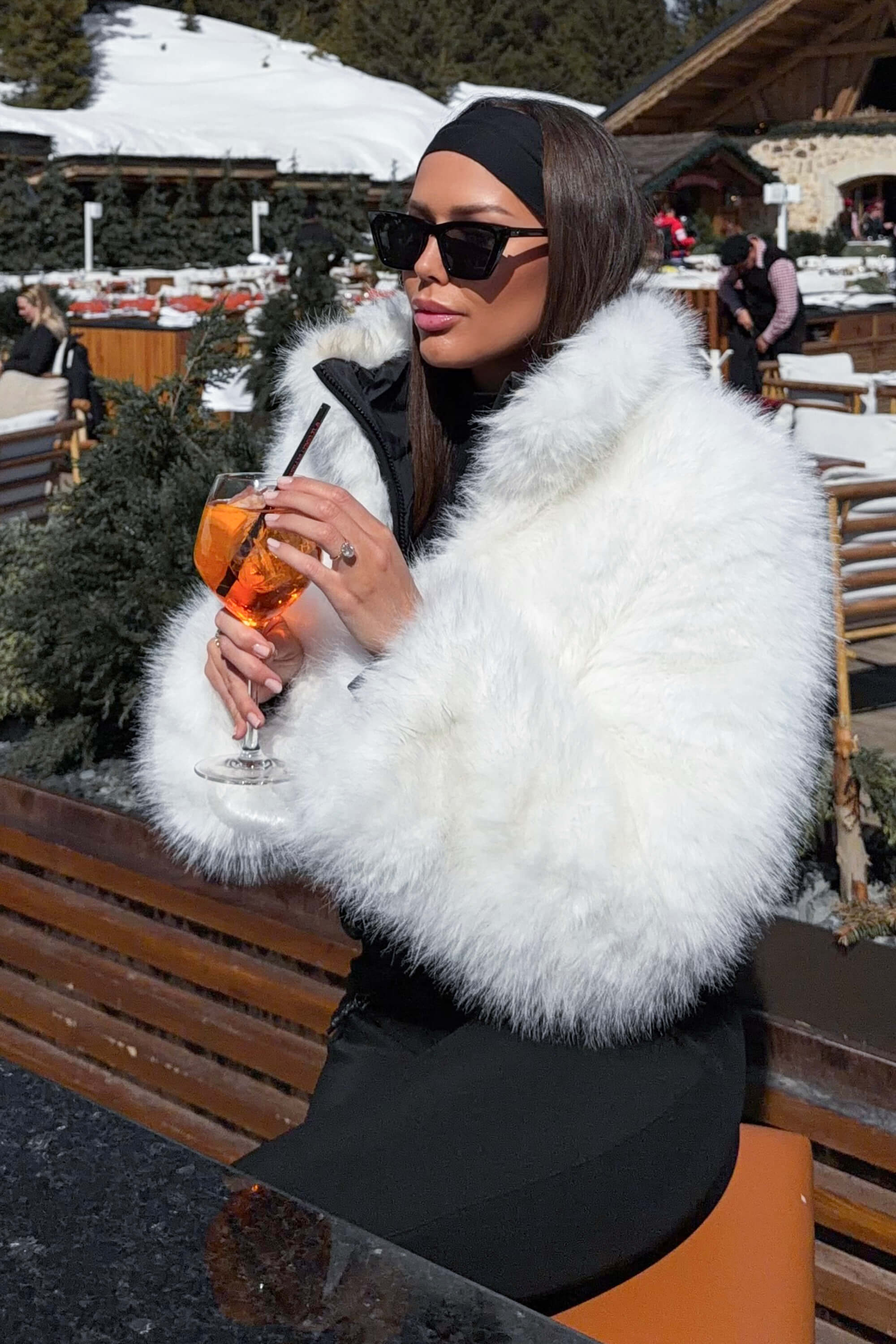 Women's Khaki Fashion Slim-Fit Stretch One-Piece Ski Suit with Faux Fox Fur Jacket & Flared Legs