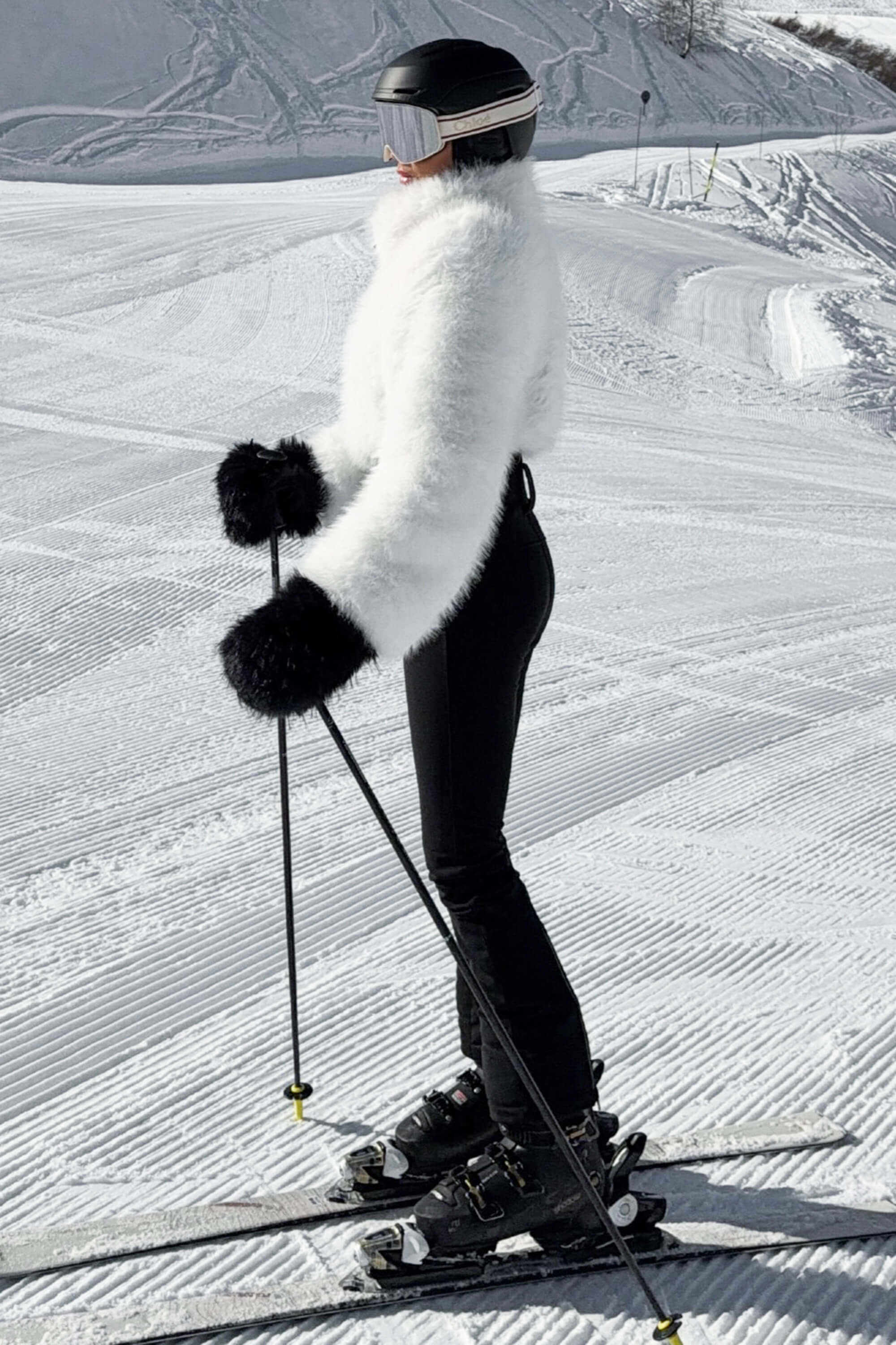 Women's White Fashion Slim-Fit Stretch One-Piece Ski Suit with Faux Fox Fur Jacket & Flared Legs